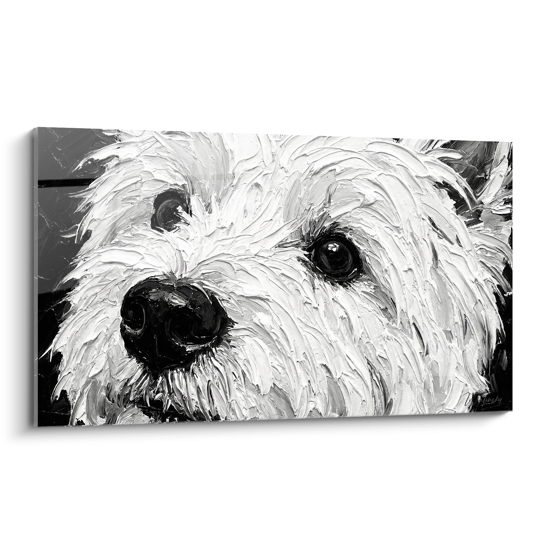 Portrait monochrome West Highland White Terrier aux yeux expressifs sur fond gris, peinture murale moderne
