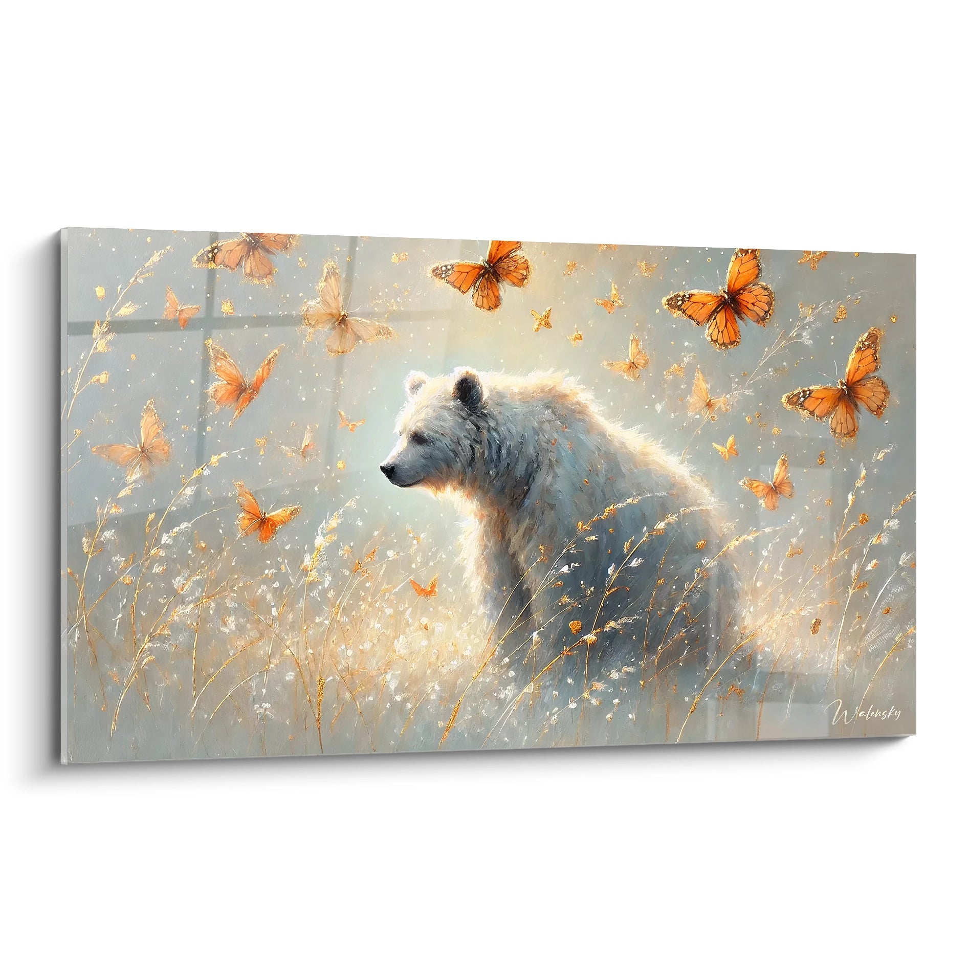 Ce tableau ours polaire combine la force tranquille de l'ours et la délicatesse des papillons. Parfait pour une décoration qui allie nature et poésie.

