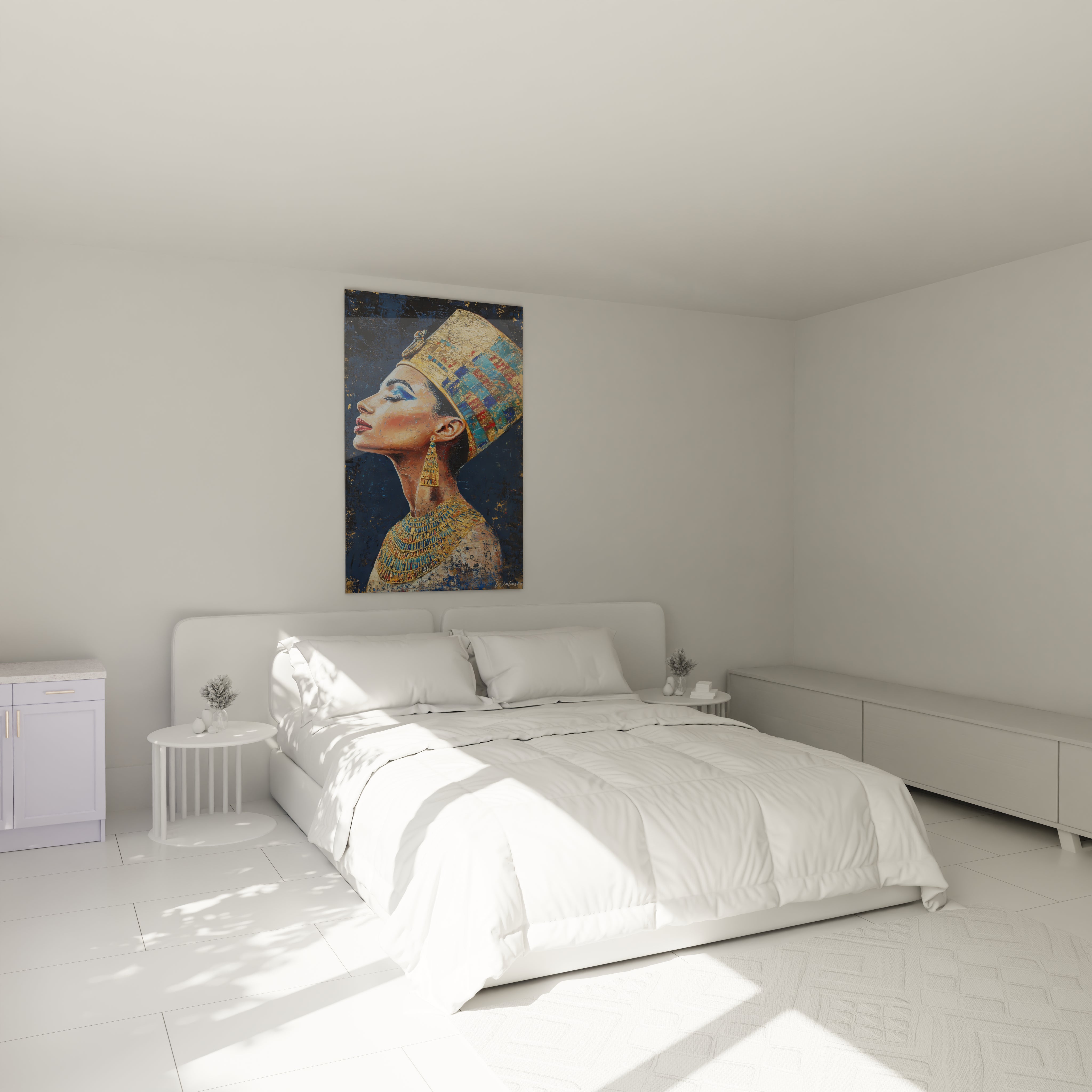 Tableau Egypte mural Walensky représentant un profil de reine égyptienne avec coiffe colorée dans une chambre moderne