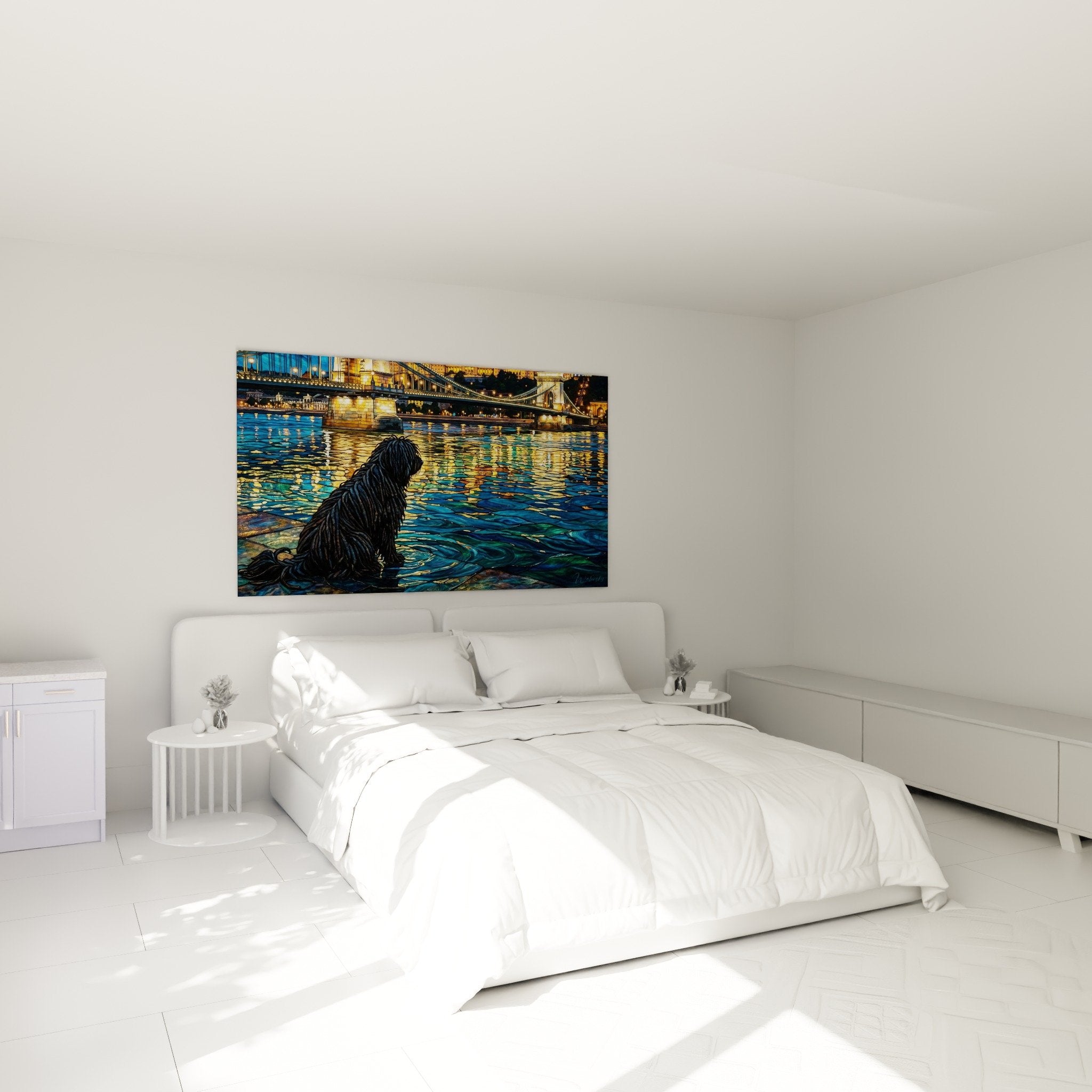 Puli nocturne au bord de l'eau dans une chambre moderne avec murs bleus et mobilier contemporain élégant
