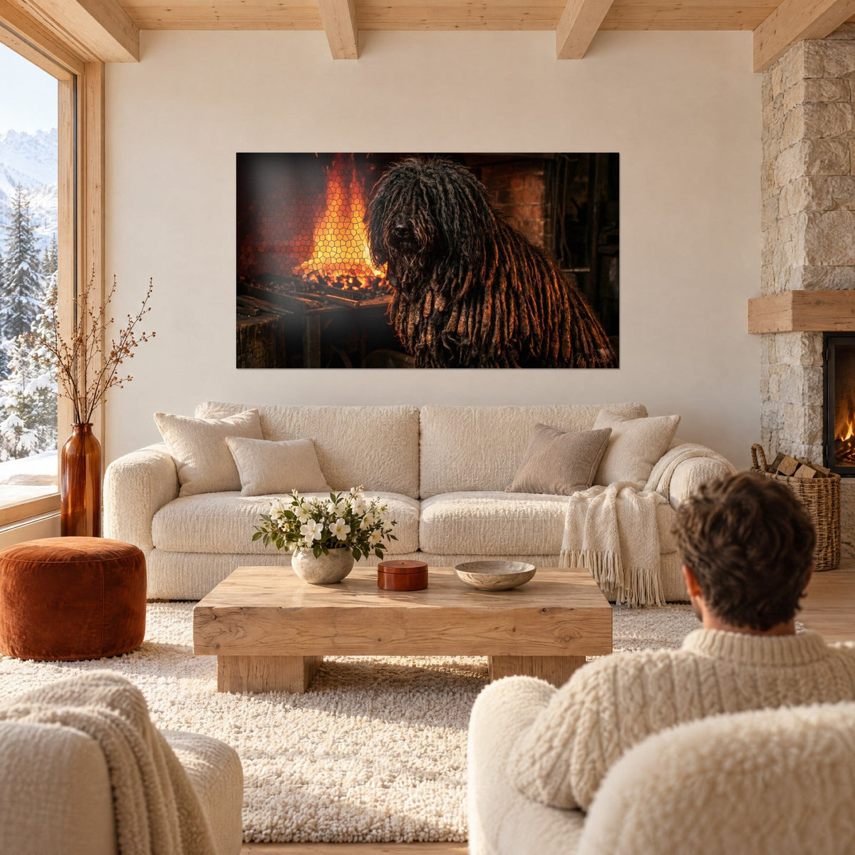 Wall art of a puli dog with black dreadlocks in front of a blazing orange fire, two people seen from behind, above a sofa in a bright living room