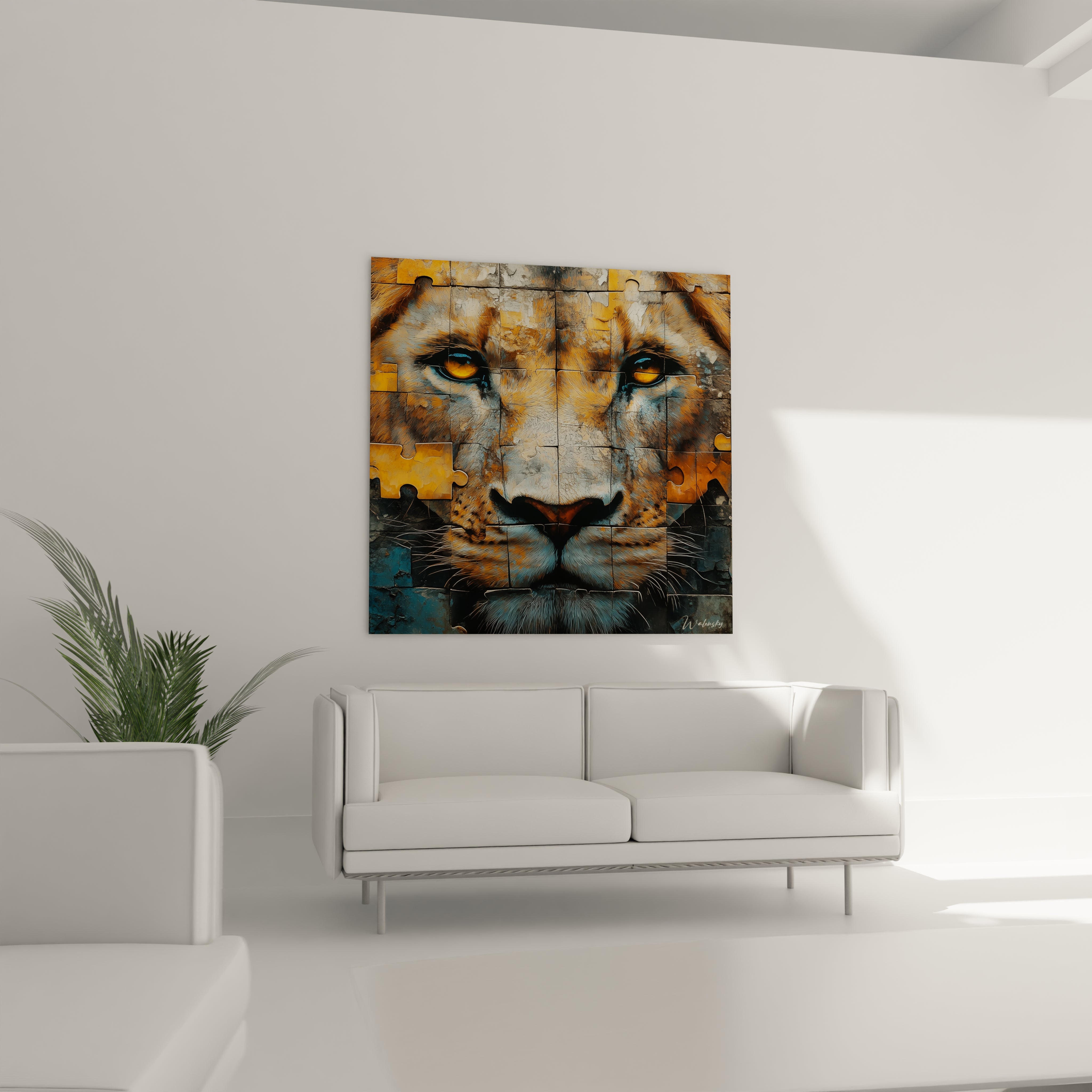 Tableau lion Walensky représentant un visage de lion coloré accroché au-dessus d'un canapé blanc dans un salon moderne
