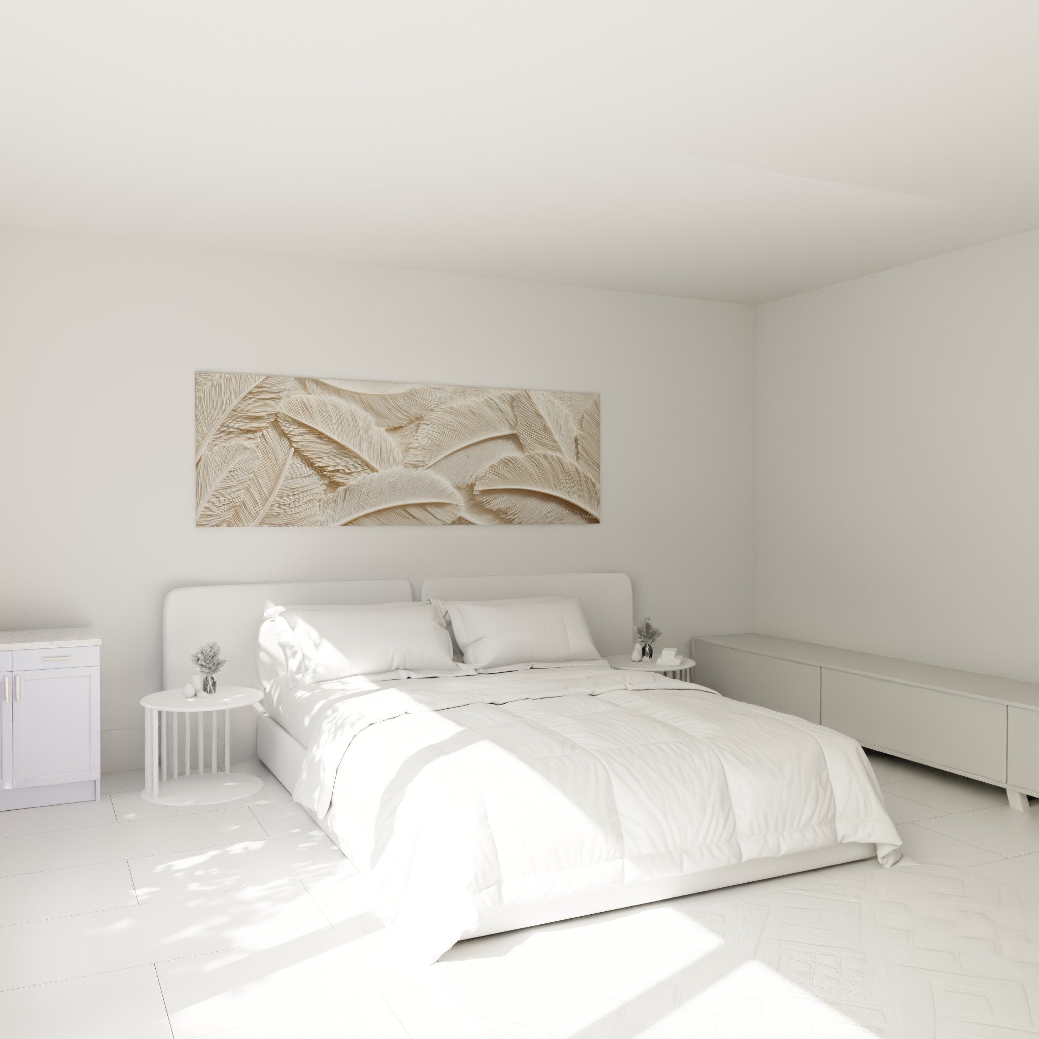 Tableau relief plumes beiges dans chambre moderne mur blanc decoration murale apaisante