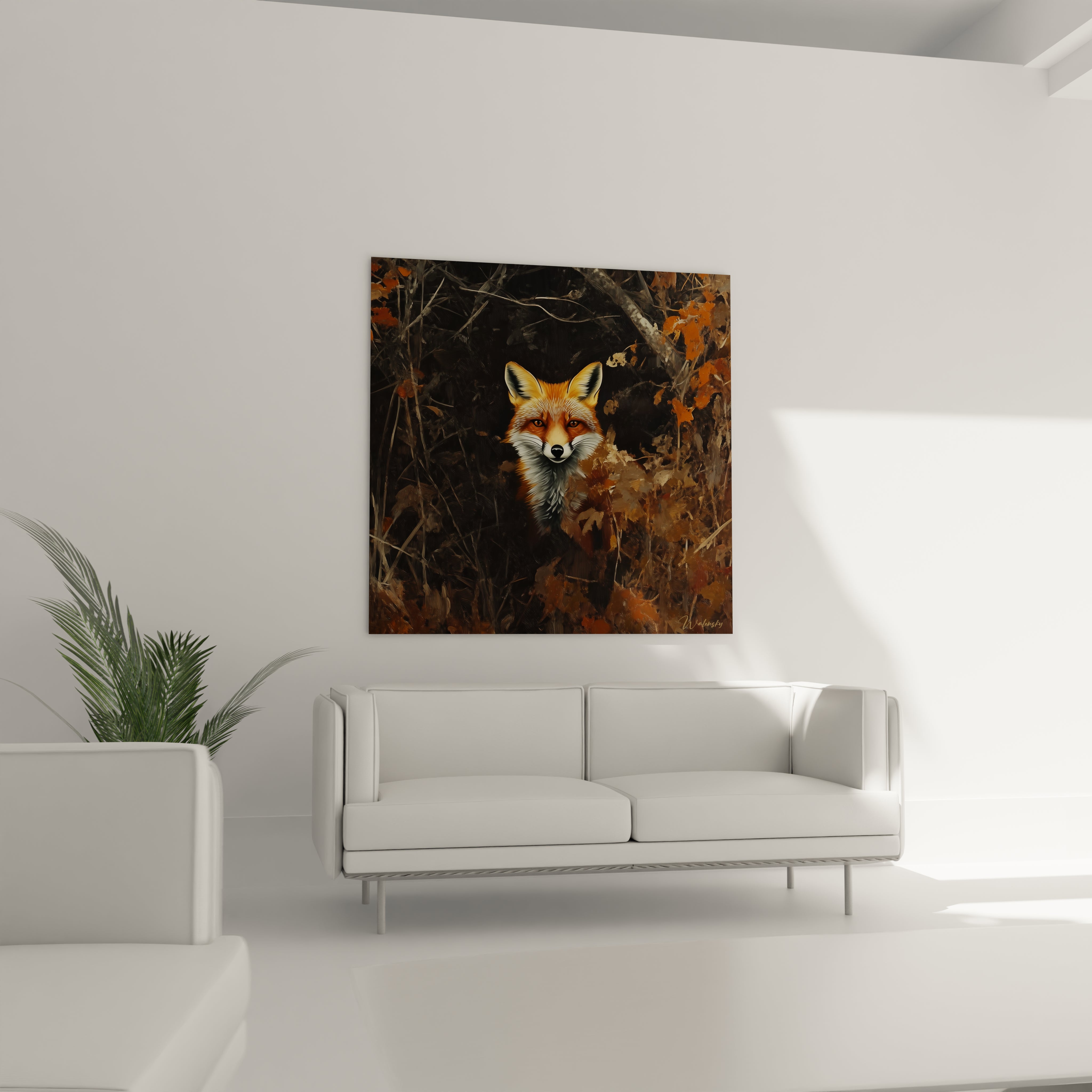 Tableau renard Walensky représentant un renard orange au milieu de feuillage automnal sur un mur blanc