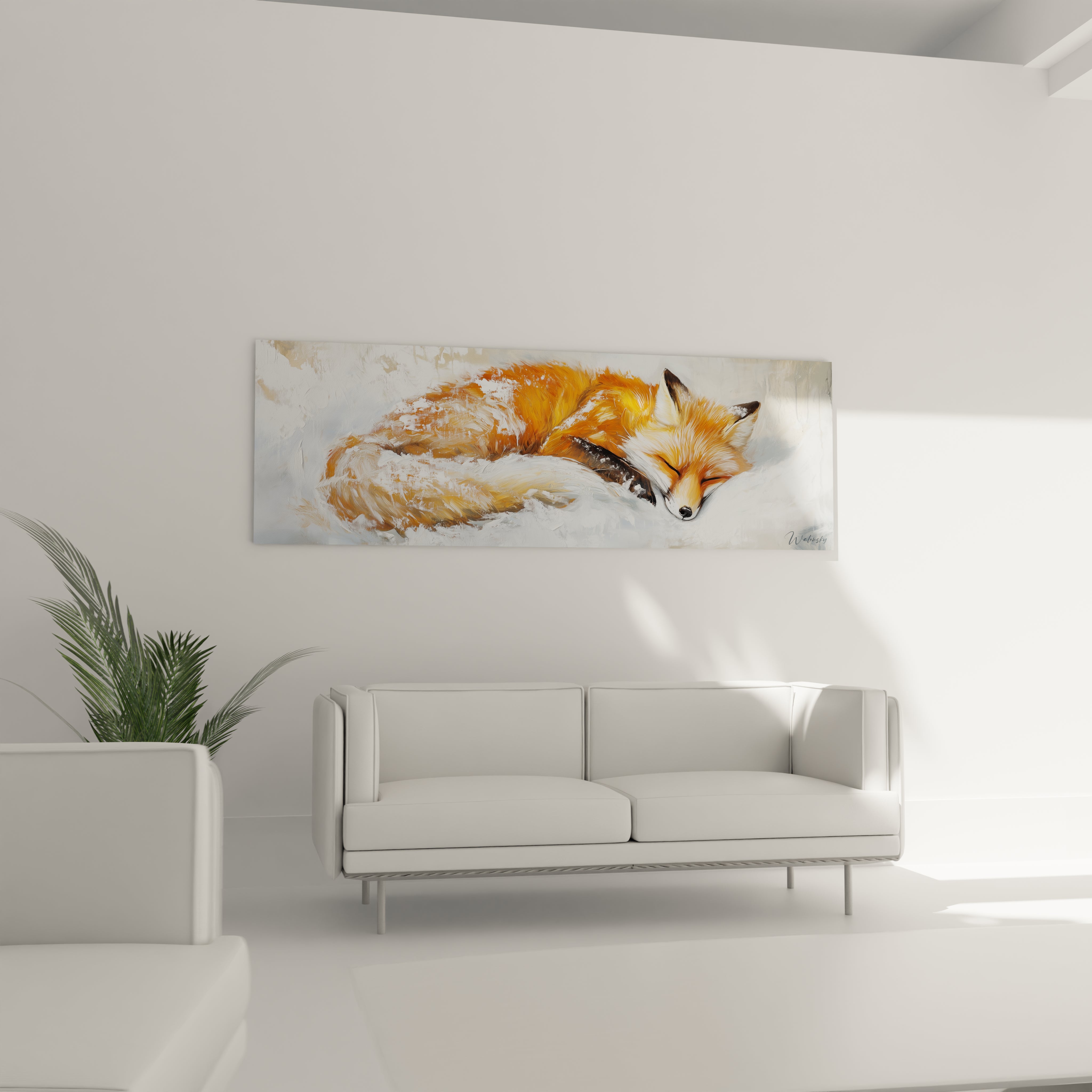 Tableau renard endormi aux couleurs chaudes accroché au-dessus d'un canapé blanc dans un salon moderne