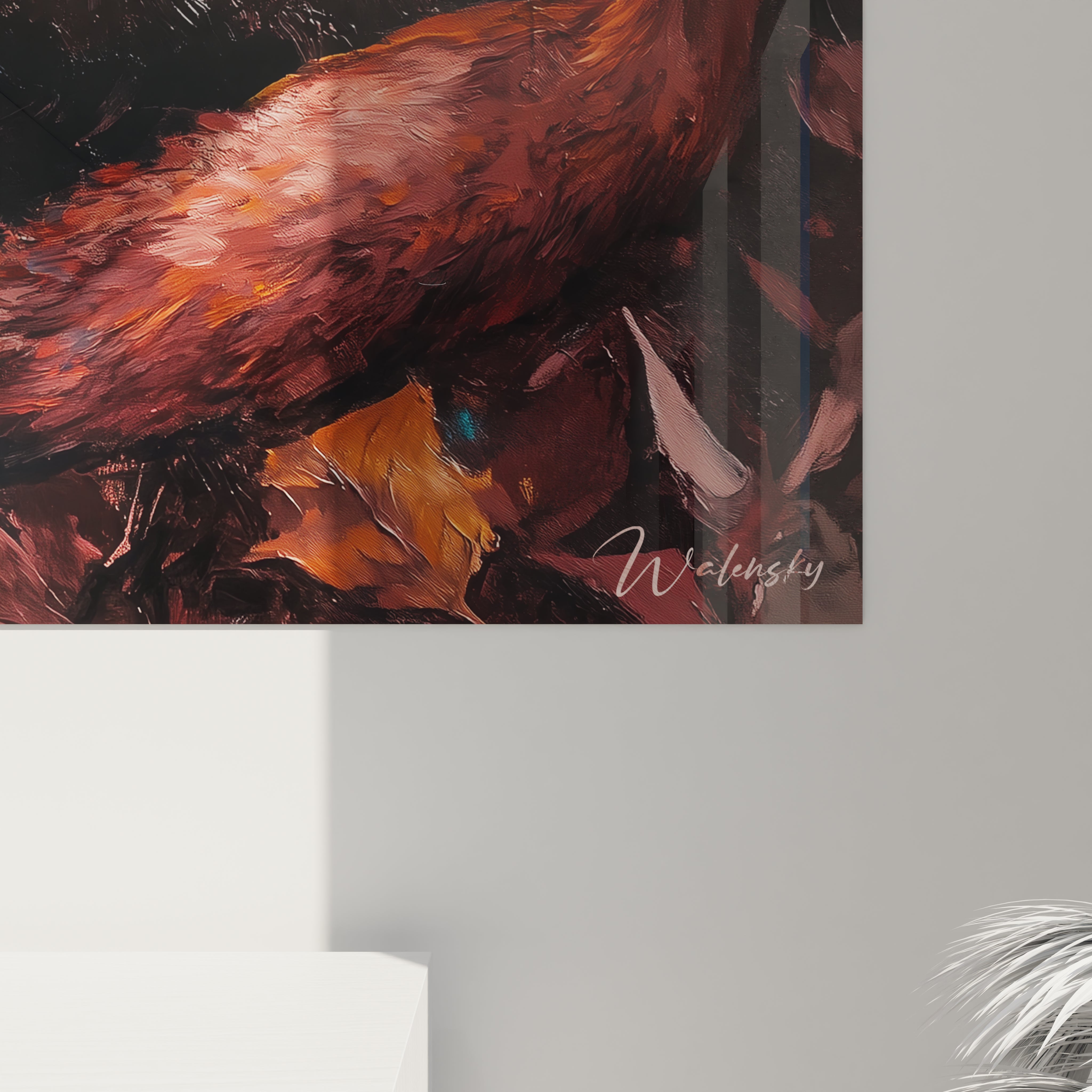Tableau renard Walensky avec détails de pelage orange et décor automnal accroché au mur gris