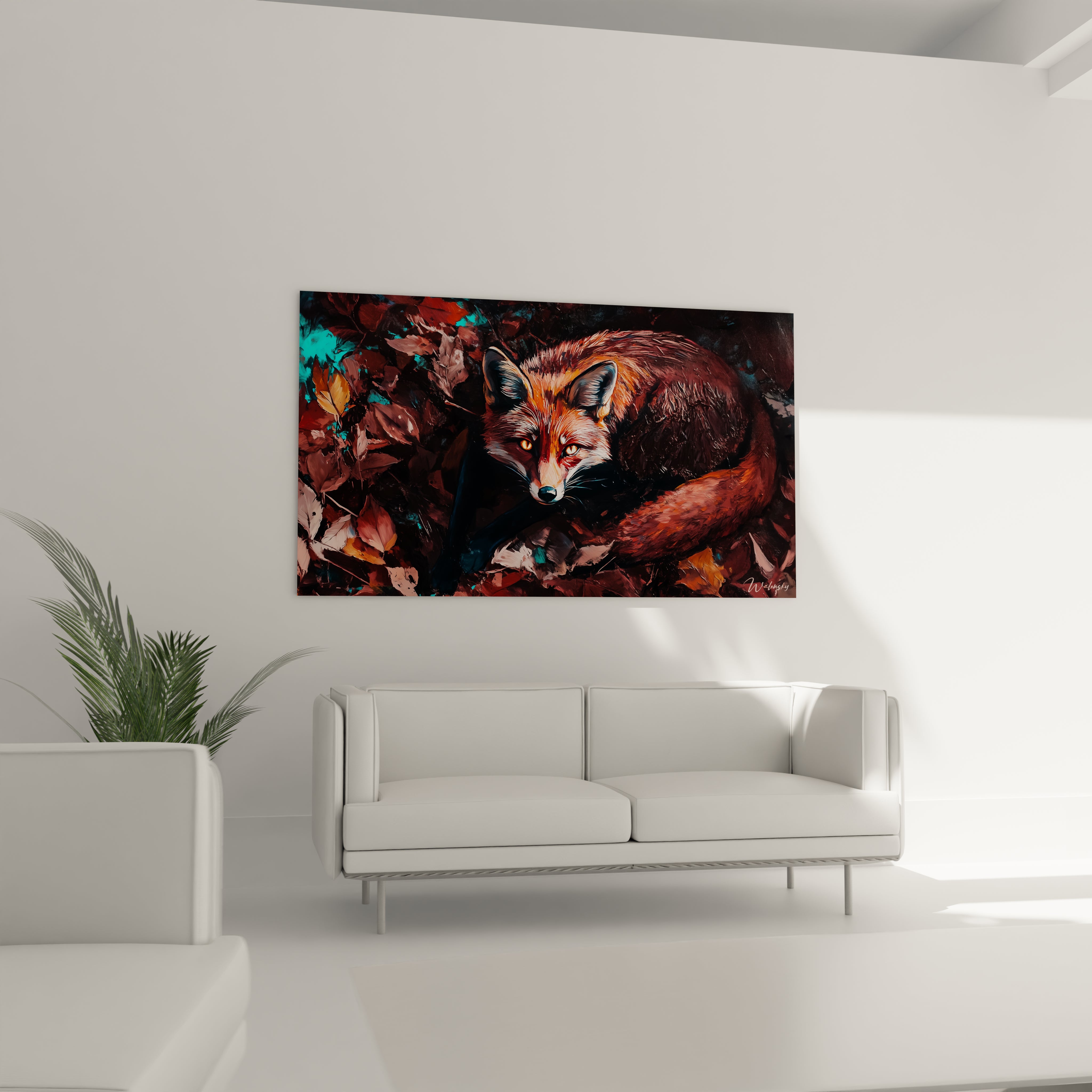 Tableau renard Walensky avec renard roux couché sur fond de feuilles automnales accroché au mur blanc