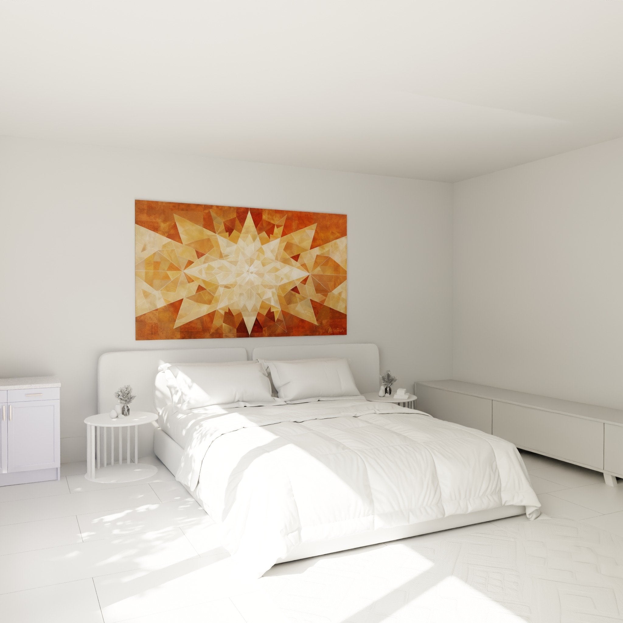 Tableau rosace doree dans chambre moderne decoration murale art islamique tons chauds