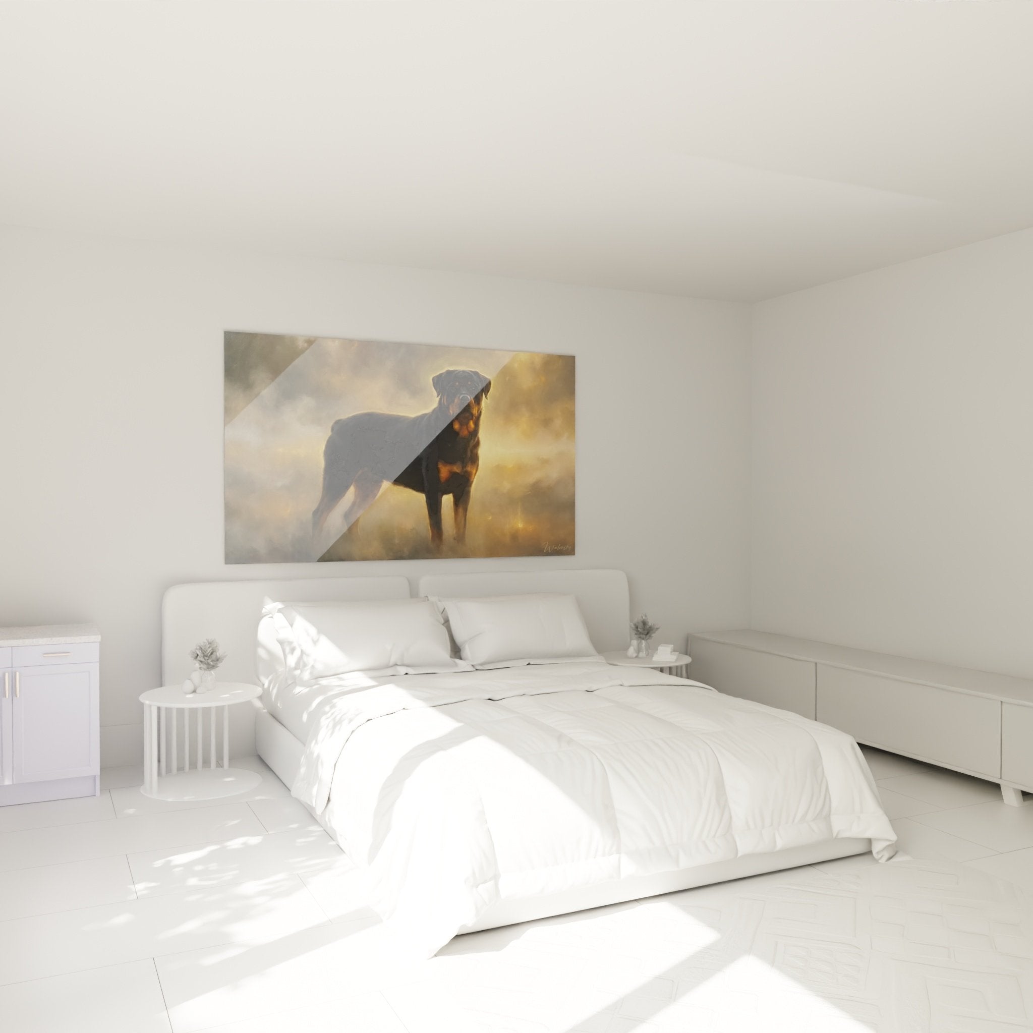 Tableau rottweiler dore dans chambre ambiance chaleureuse decoration murale art canin