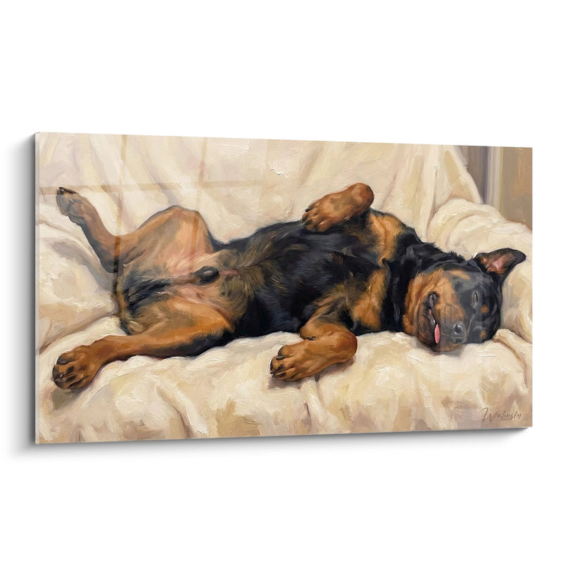 Tableau Rottweiler Endormi sur Draps Blancs - Repos Paisible - Edition Rottweiler