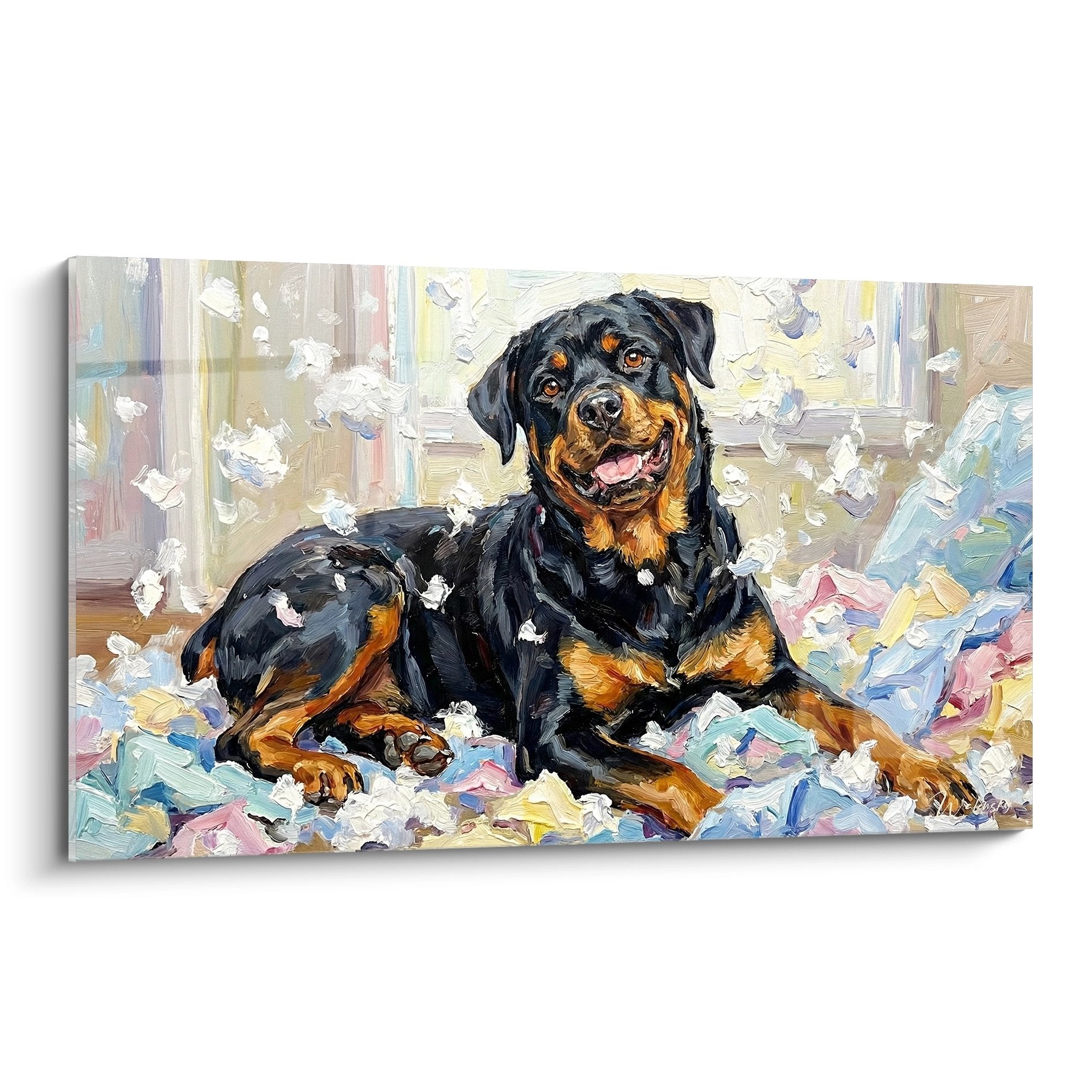 Tableau rottweiler noir et fauve assis parmi papiers multicolores éparpillés style impressionniste