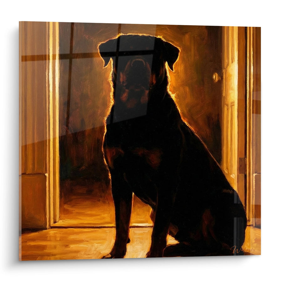 Tableau Rottweiler Noir Silhouetté dans l'Embrasure Dorée - Gardien Lumineux - Edition Rottweiler