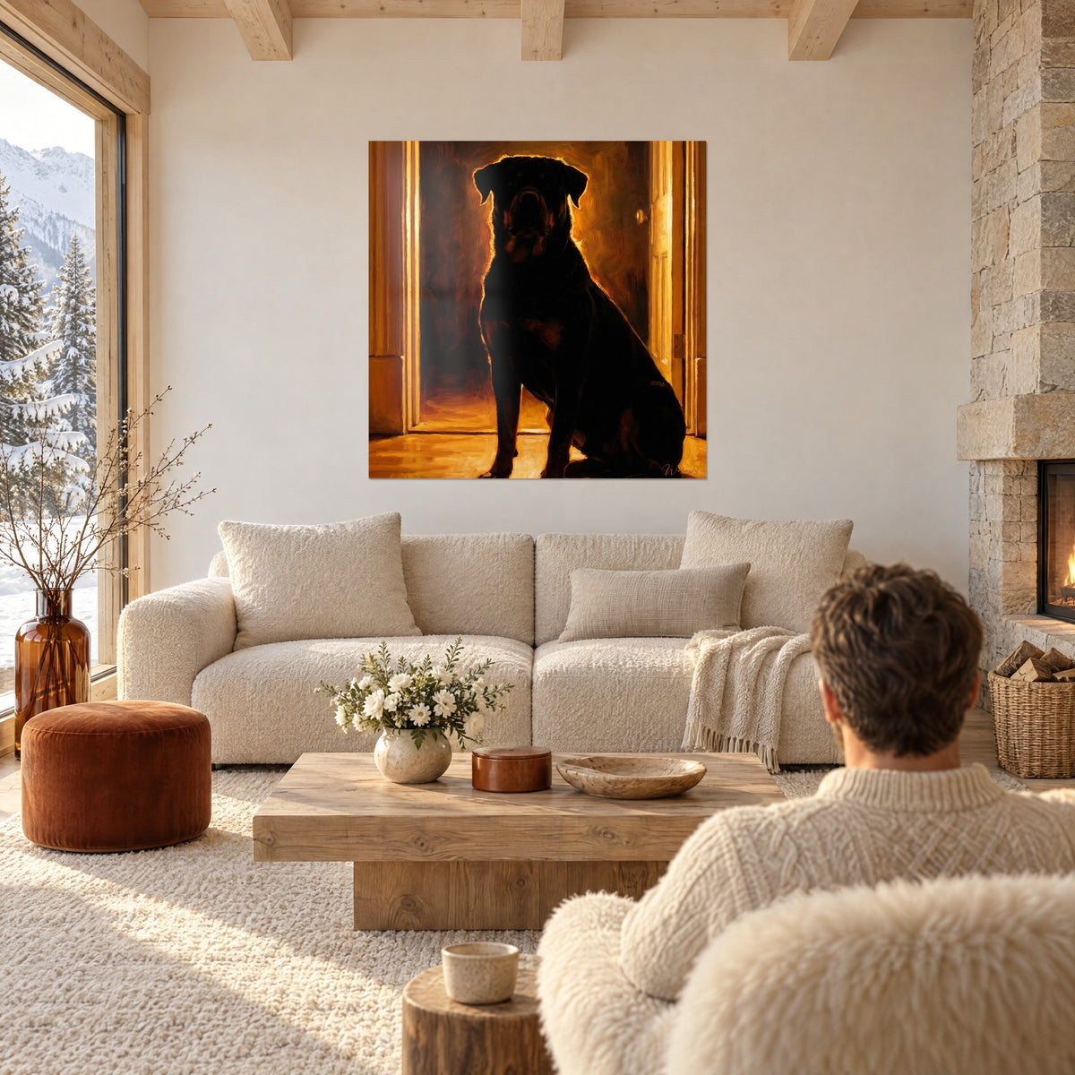 Quadro rottweiler controluce, manto nero orlato di luce arancio davanti a una porta dorata, sopra un divano in un soggiorno luminoso