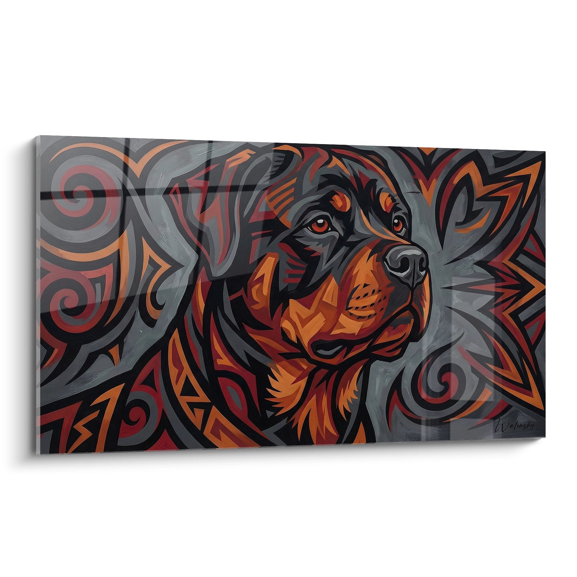 tableau rottweiler stylise motifs tribaux orange gris art geometrique moderne