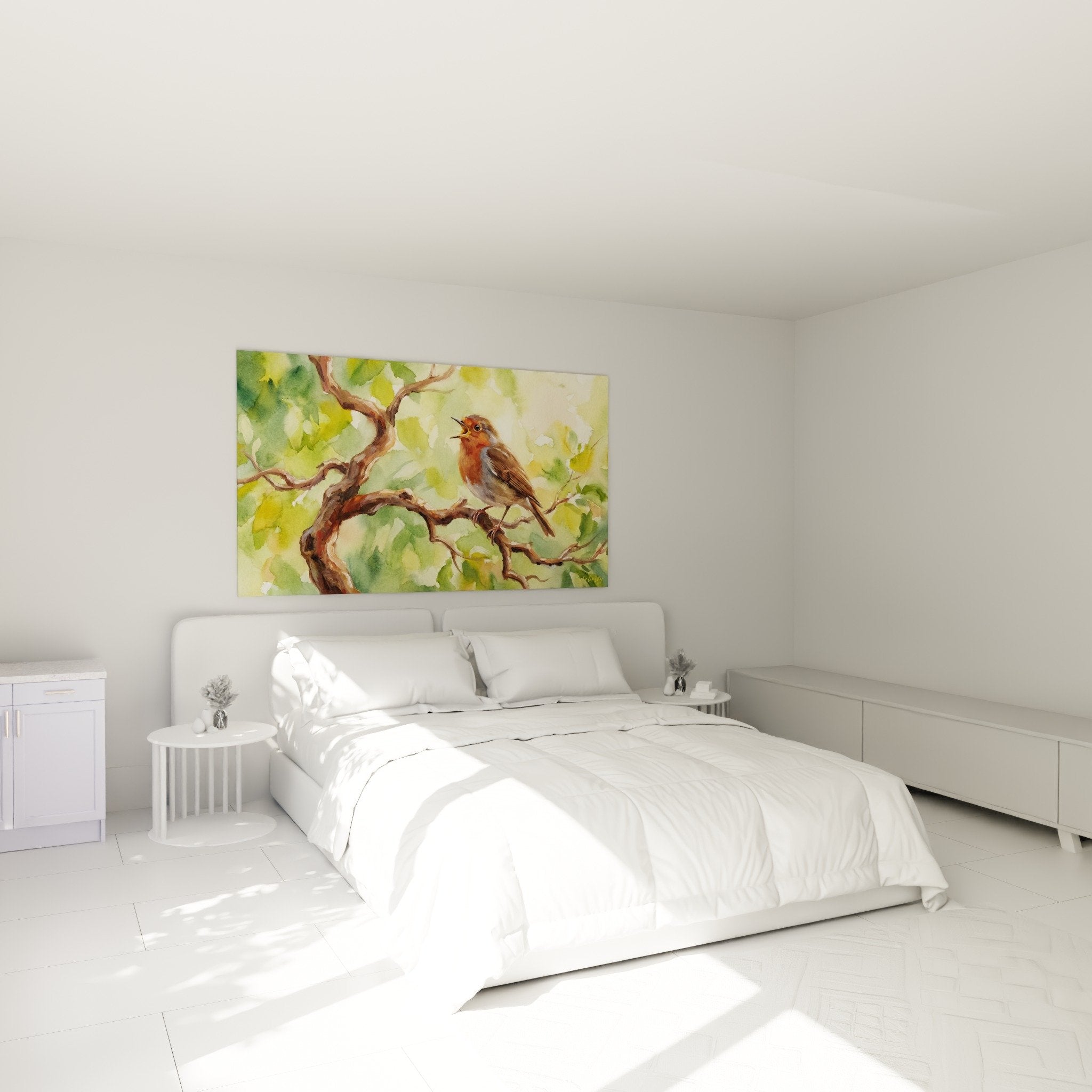 Tableau rouge-gorge bonsai aquarelle verte doree decoration murale chambre ambiance zen