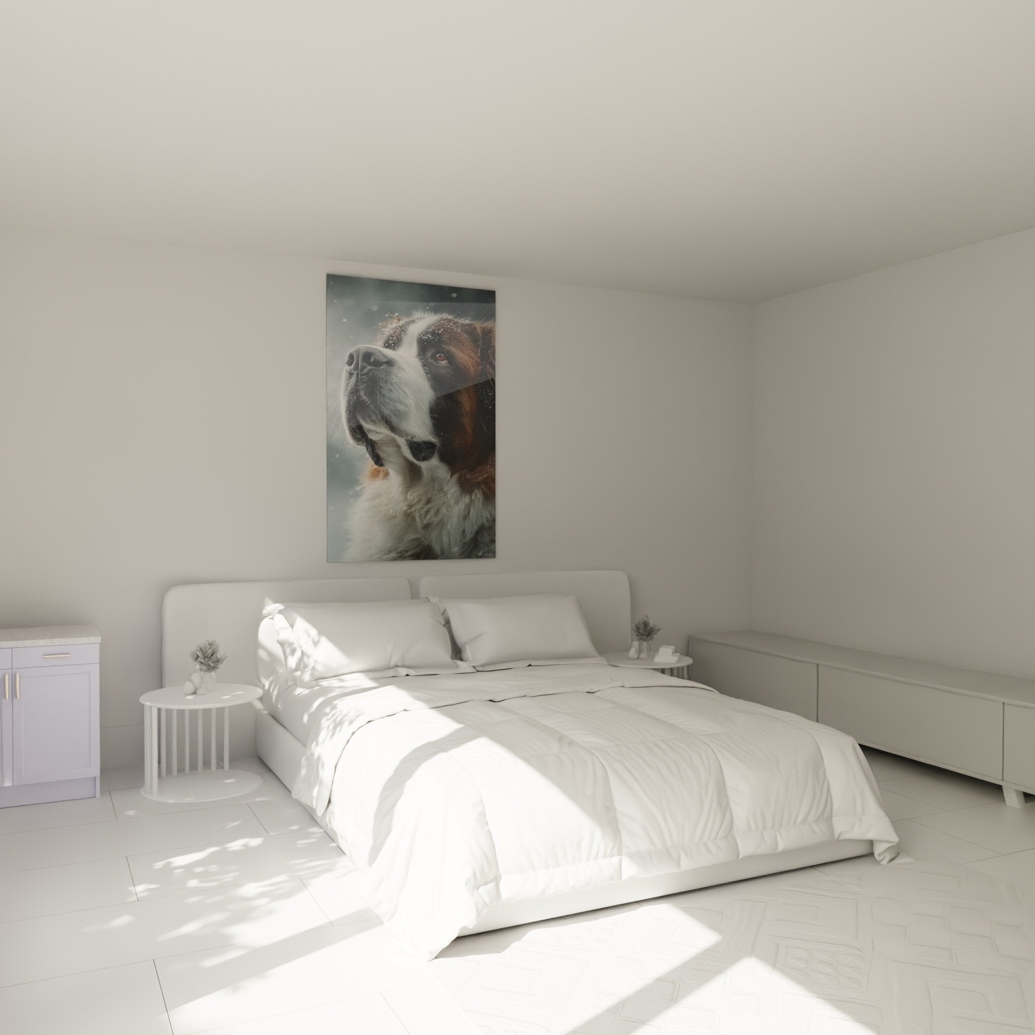 Tableau Saint Bernard chambre décoration murale portrait chien neige ambiance cocooning moderne