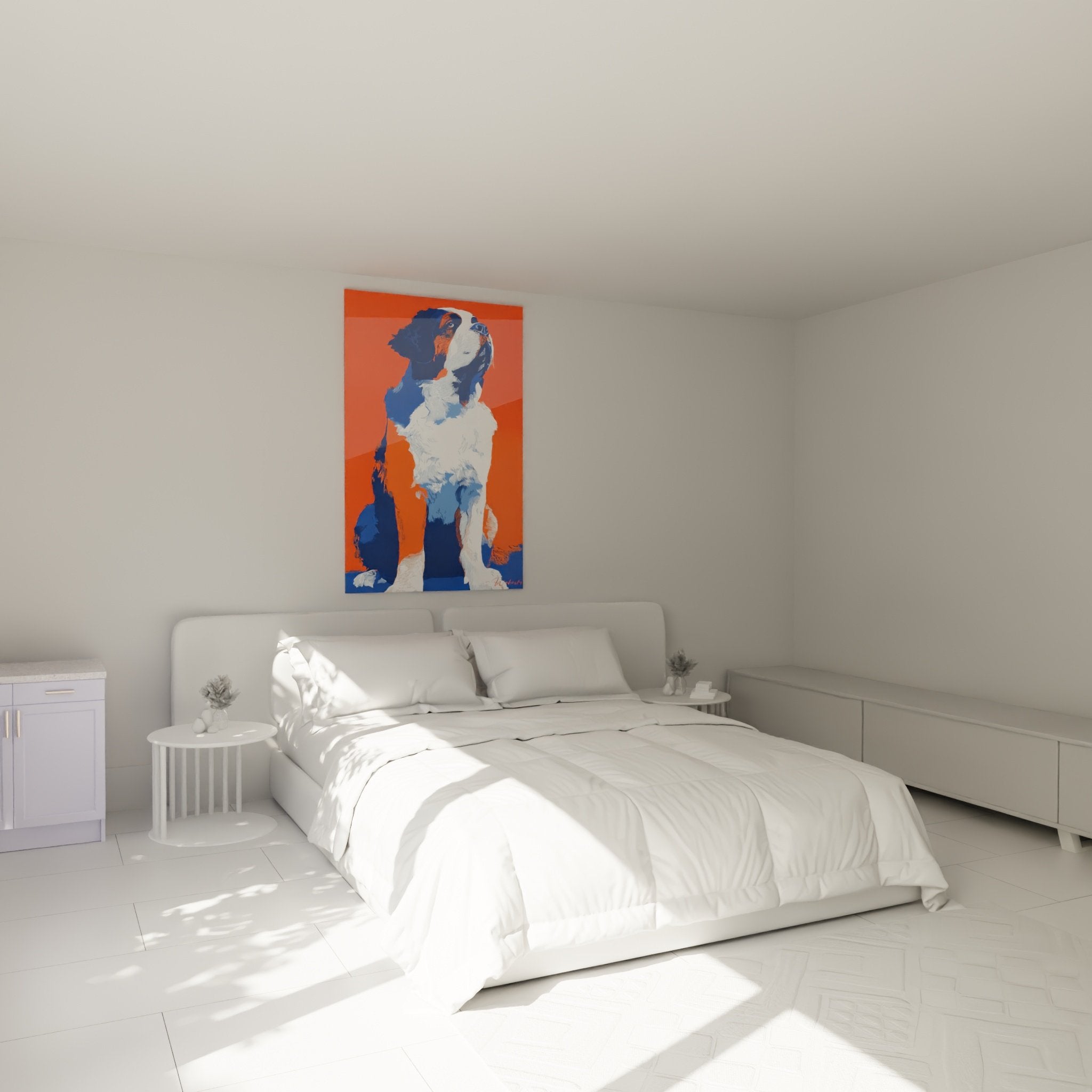 Tableau Saint Bernard orange bleu dans chambre moderne décoration murale contemporaine