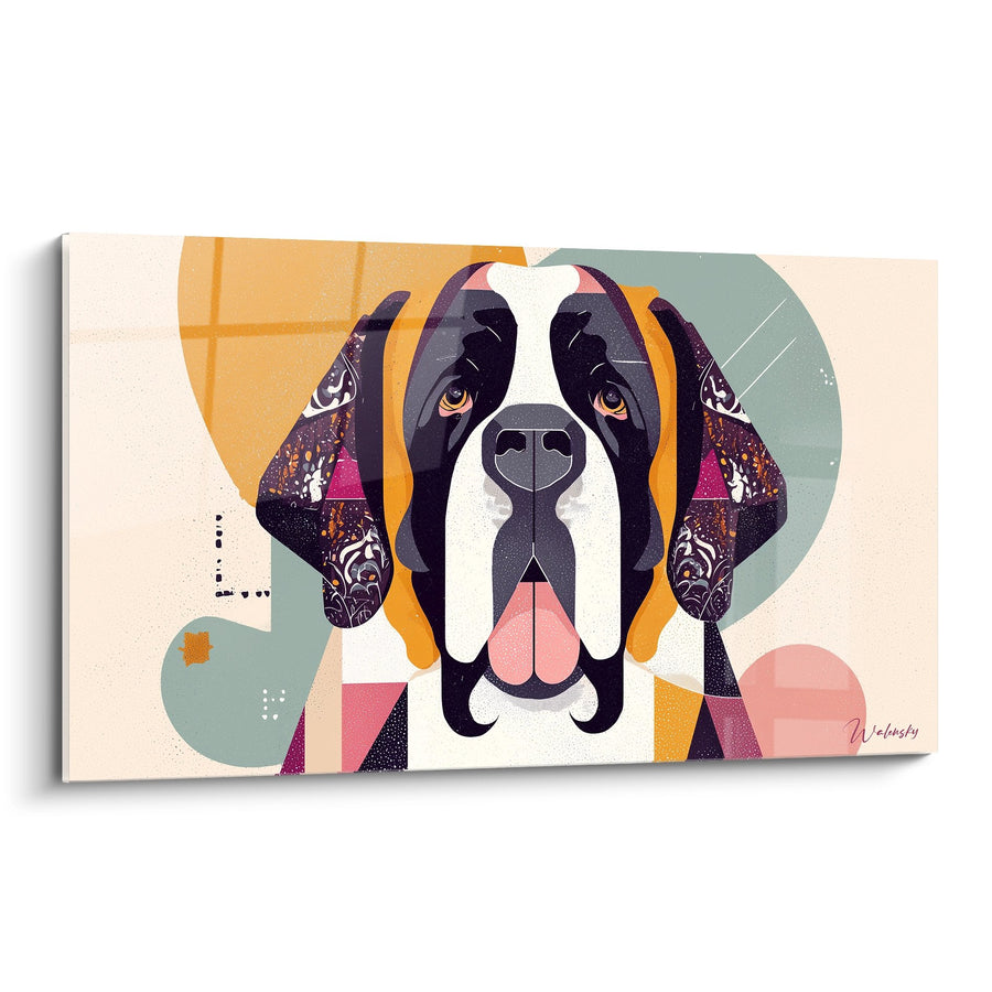 Tableau Chien Géométrique Coloré aux Tons Oranges et Verts - Portrait Moderne - Edition Saint Bernard