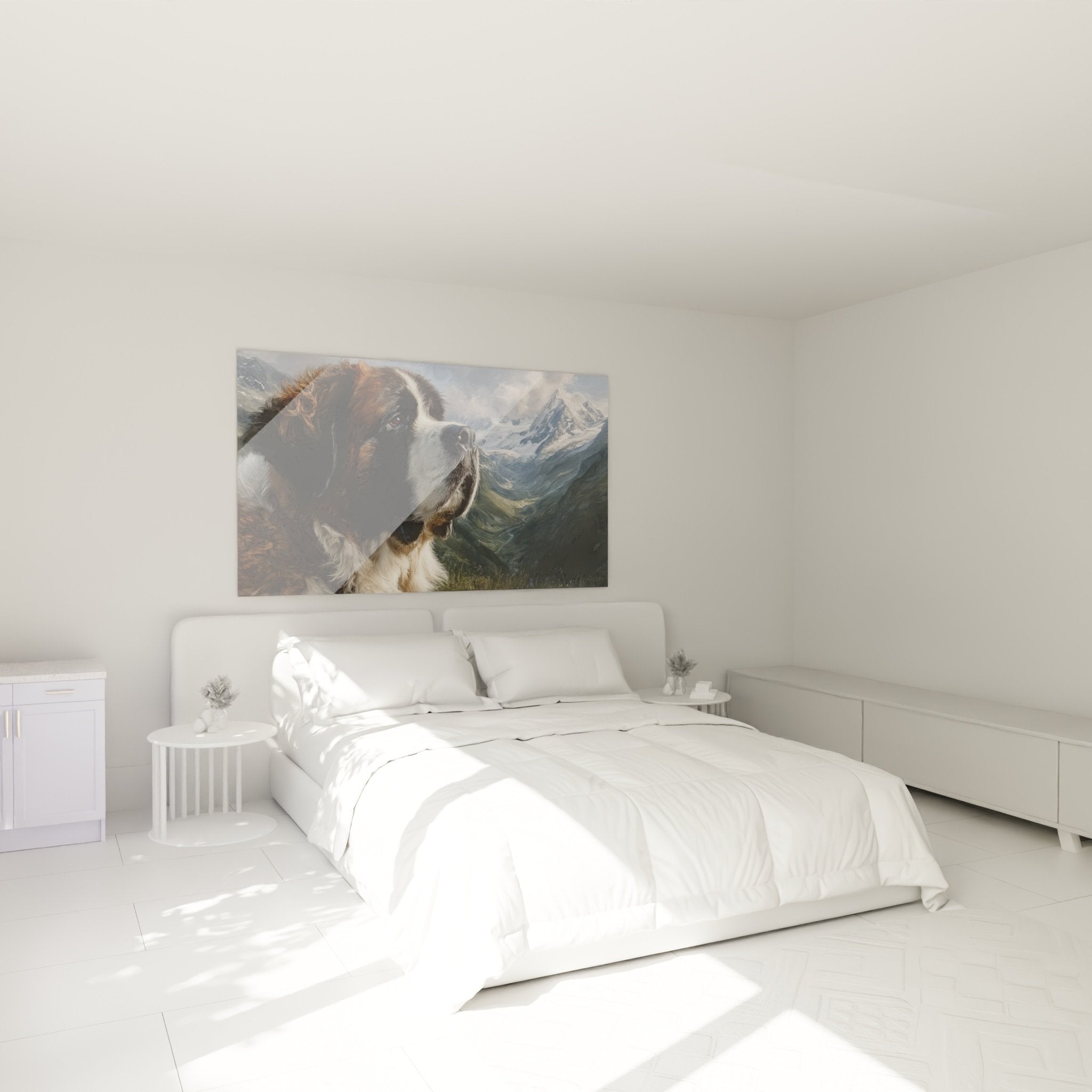 Tableau Saint Bernard dans chambre moderne, ambiance chaleureuse avec décoration montagnarde et tons naturels
