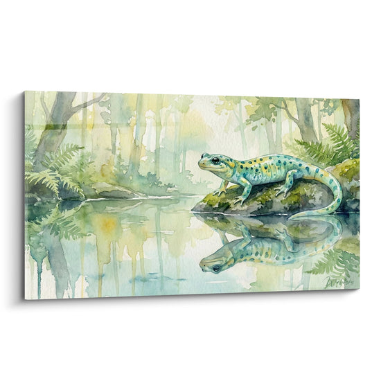 Salamander Aquarel Blauwgroene Waterhond aan de Waterkant - Bosspiegelingen - Editie Salamander