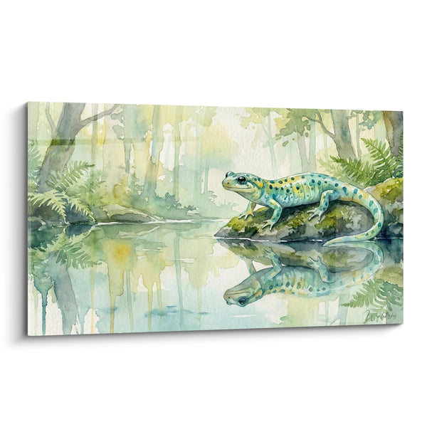 Cuadro Salamandra Acuarela Azul-Verde en la Orilla del Agua - Reflejos Forestales - Edición Salamandra