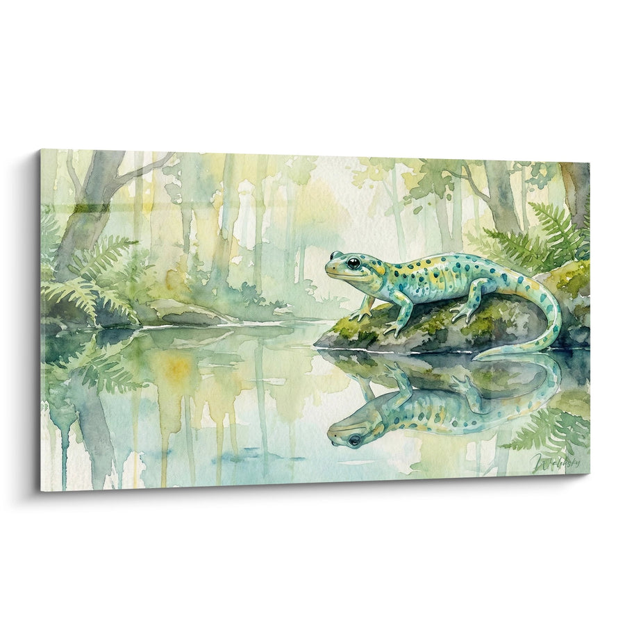 Tableau Salamandre Aquarelle Bleu-Vert au Bord de l'Eau - Reflets Forestiers - Edition Salamandre