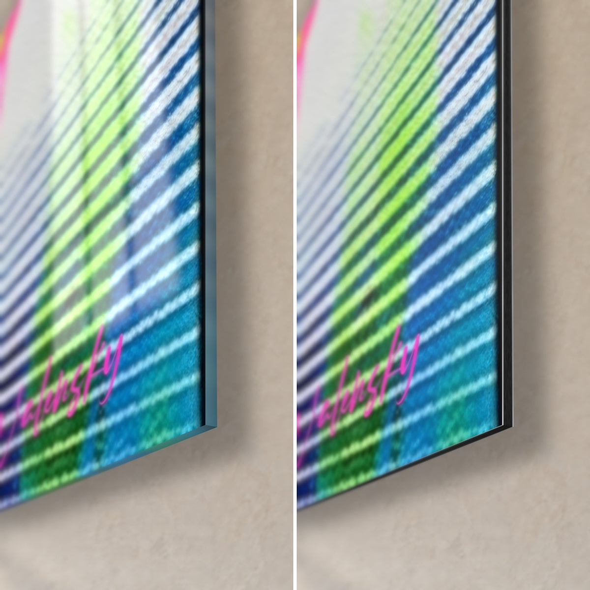 Wall art digital art salamander, bottom right corner: glossy acrylic glass on the left, matte Dibond aluminium on the right, green and blue stripes