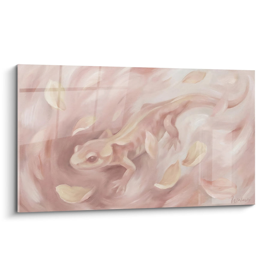 Tableau Salamandre Rose Poudré dans Nuées Dorées - Grâce Amphibienne - Edition Salamandre