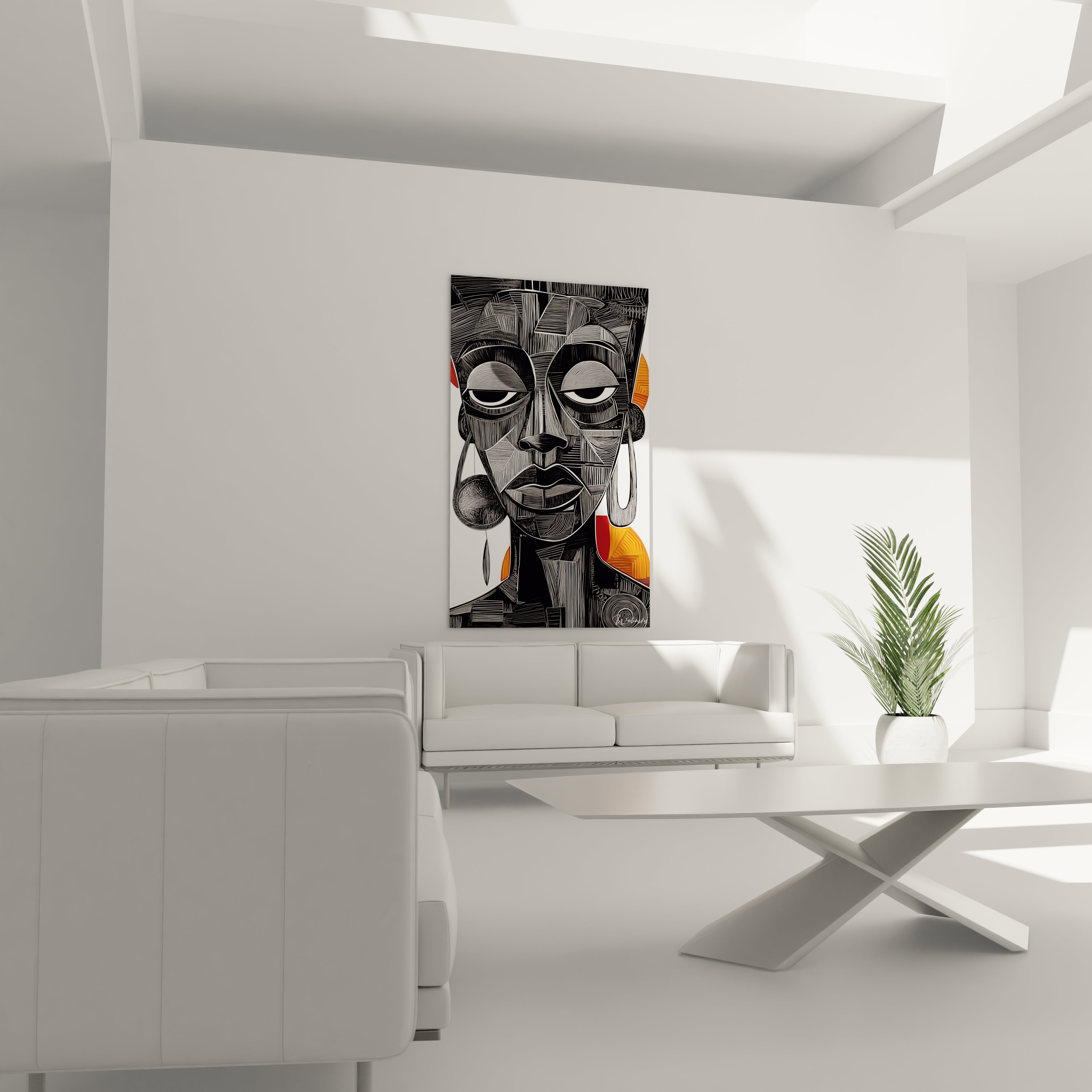 Tableau africain mural Walensky représentant un rhinocéros en style artistique dans un salon moderne