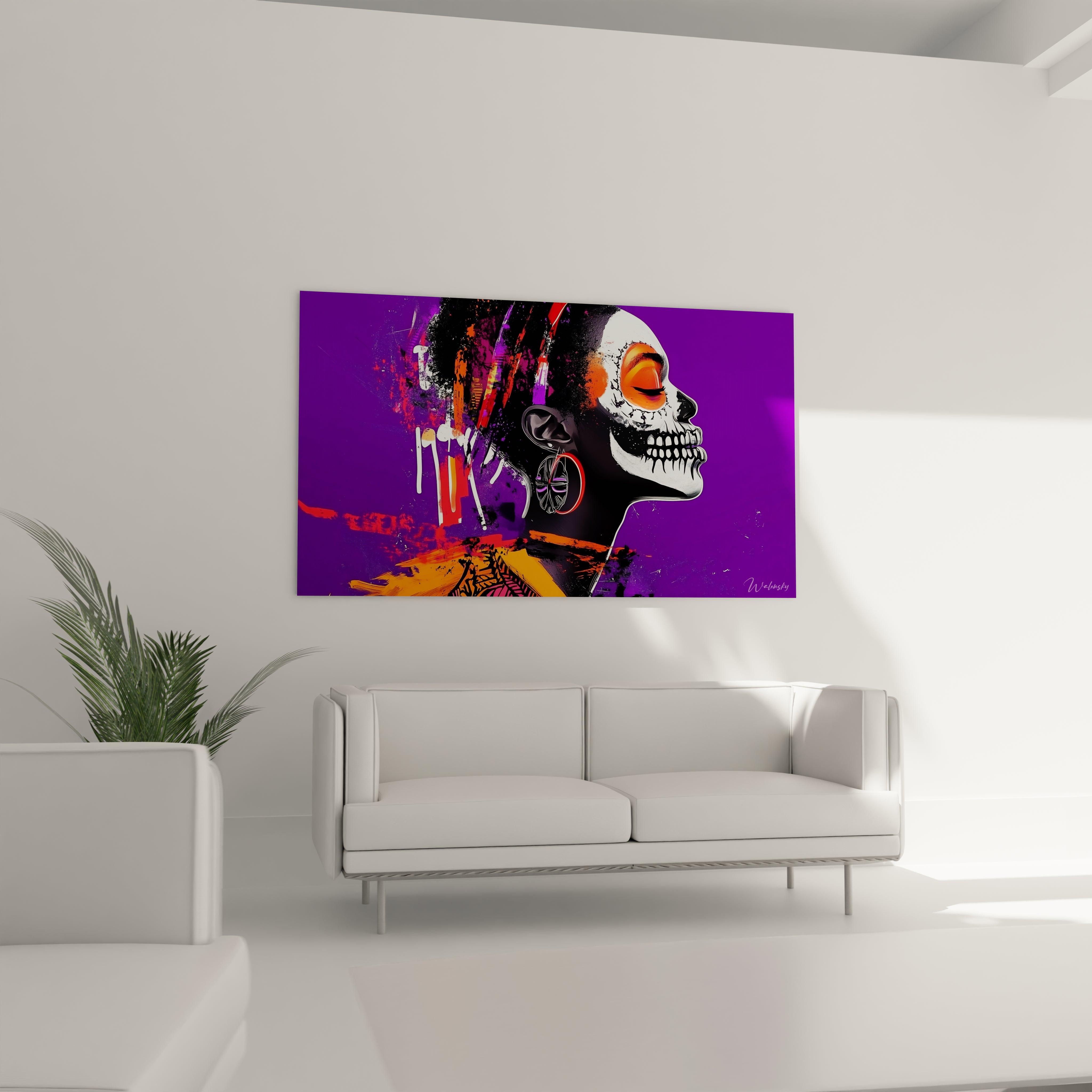 Tableau africain mural représentant un héron peint à l'aquarelle accroché au-dessus d'un canapé blanc dans un salon moderne