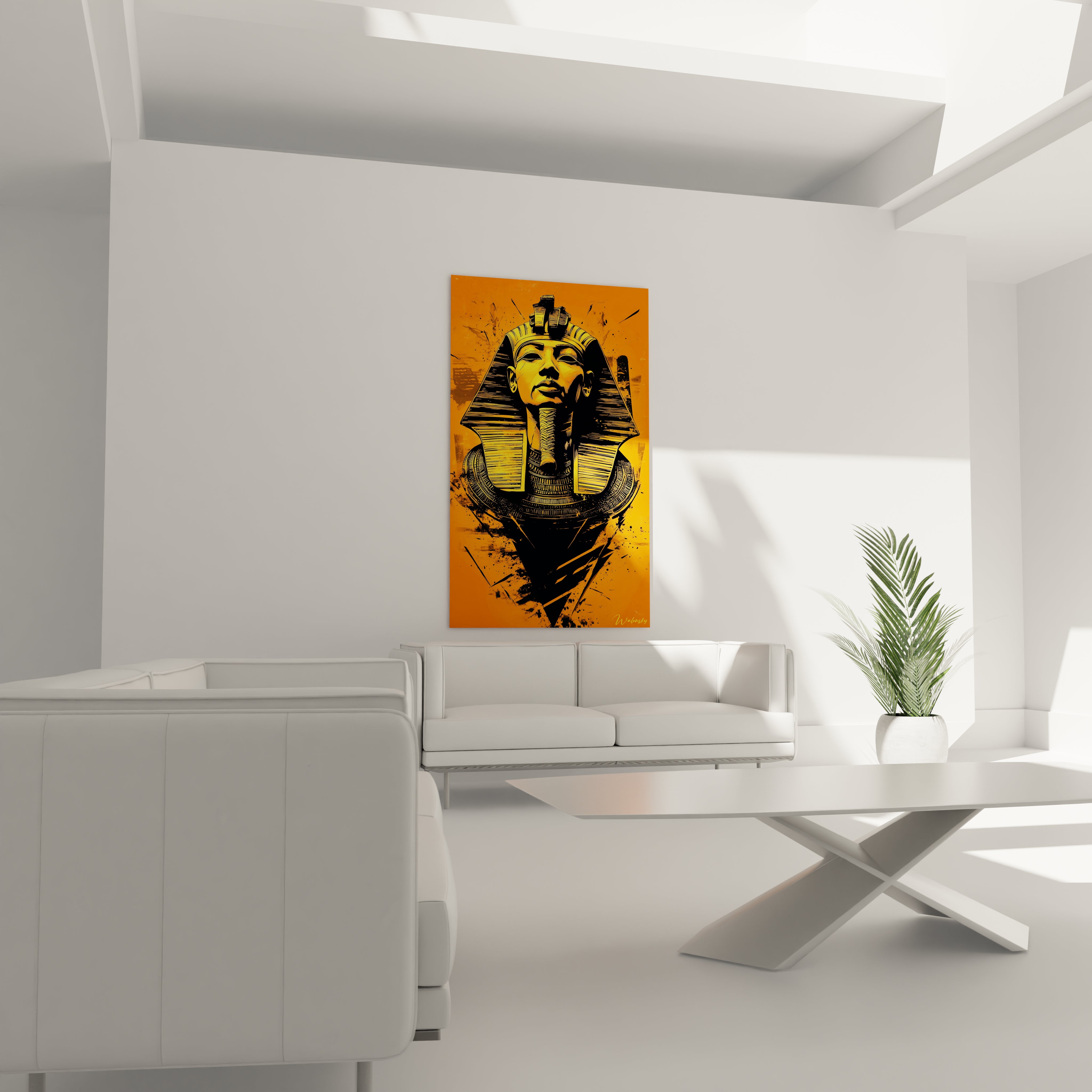 Tableau Egypte mural abstrait aux formes ondulées marron et beige dans un salon moderne blanc
