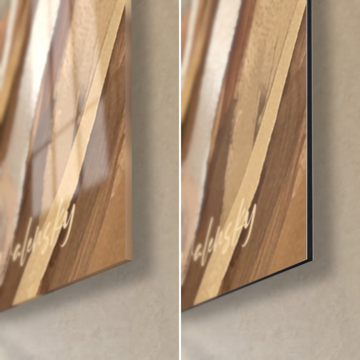 Wall art of an amber hamster, bottom right corner: glossy acrylic glass on the left, matte Dibond aluminium on the right, 3 mm black edge