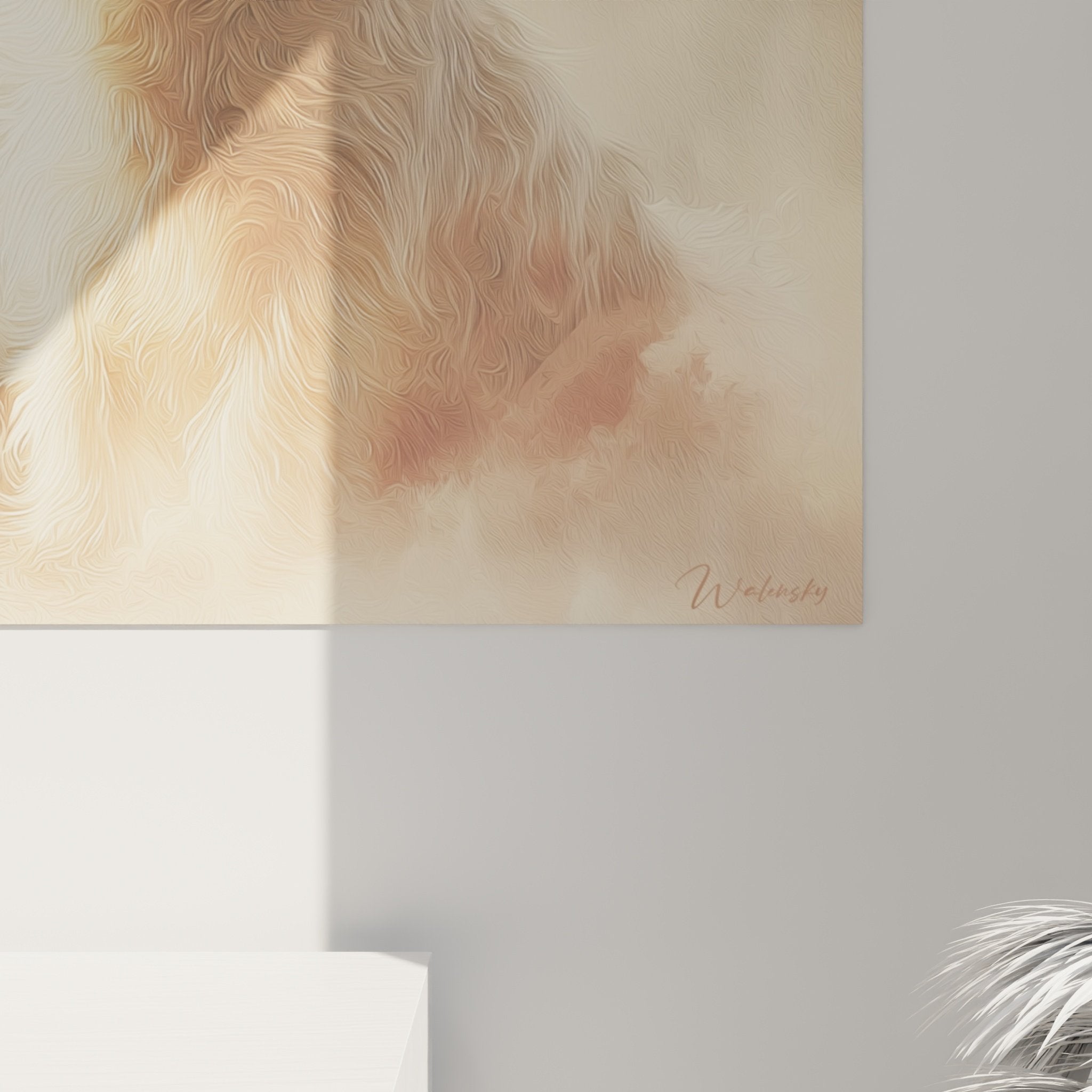 Vue d'ensemble du tableau portrait canin Cairn Terrier dans salon avec mobilier bois clair et décoration