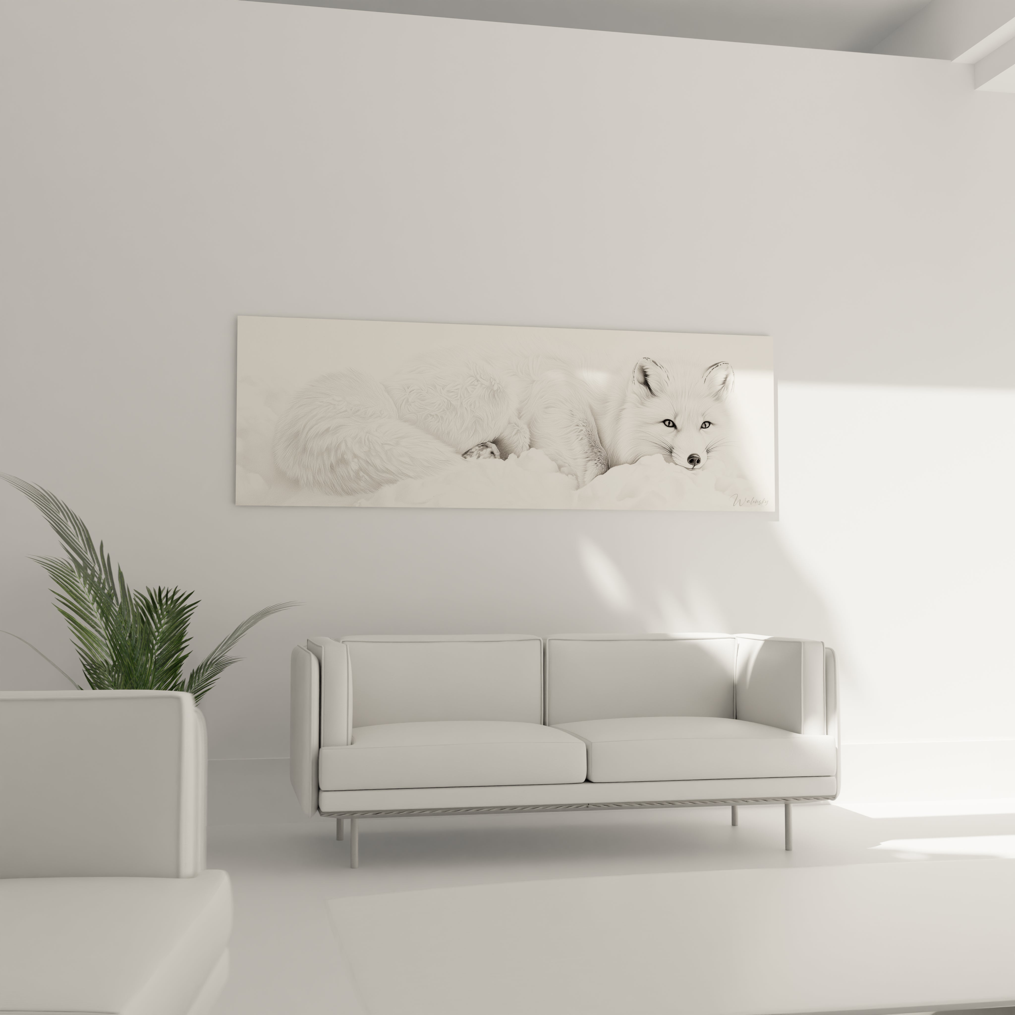 Tableau renard blanc allongé dans un salon moderne avec canapé blanc minimaliste