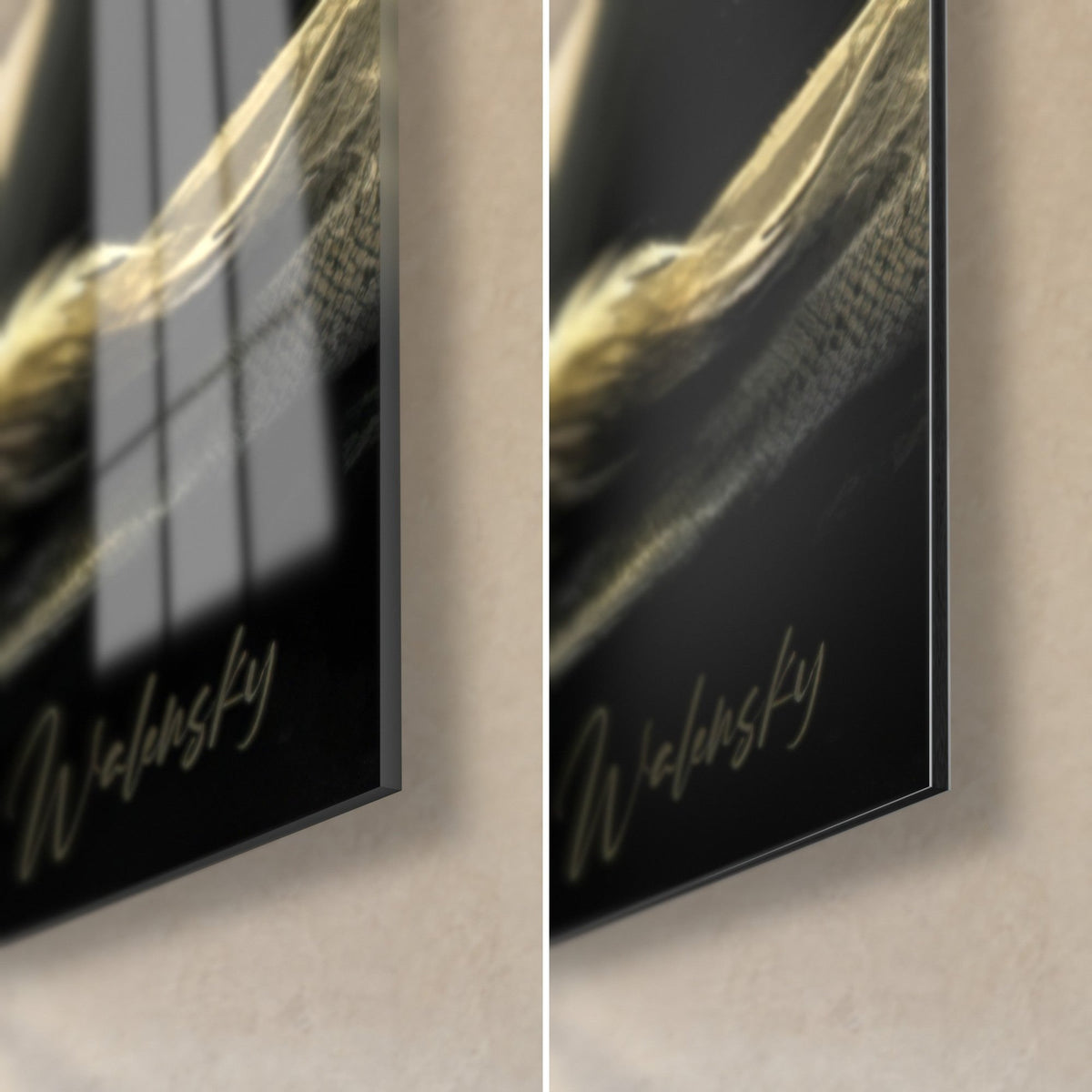 Wall art black Papillon dog in front of the golden moon, bottom right corner: glossy glass reflecting the window, matte Dibond, 3 mm thick