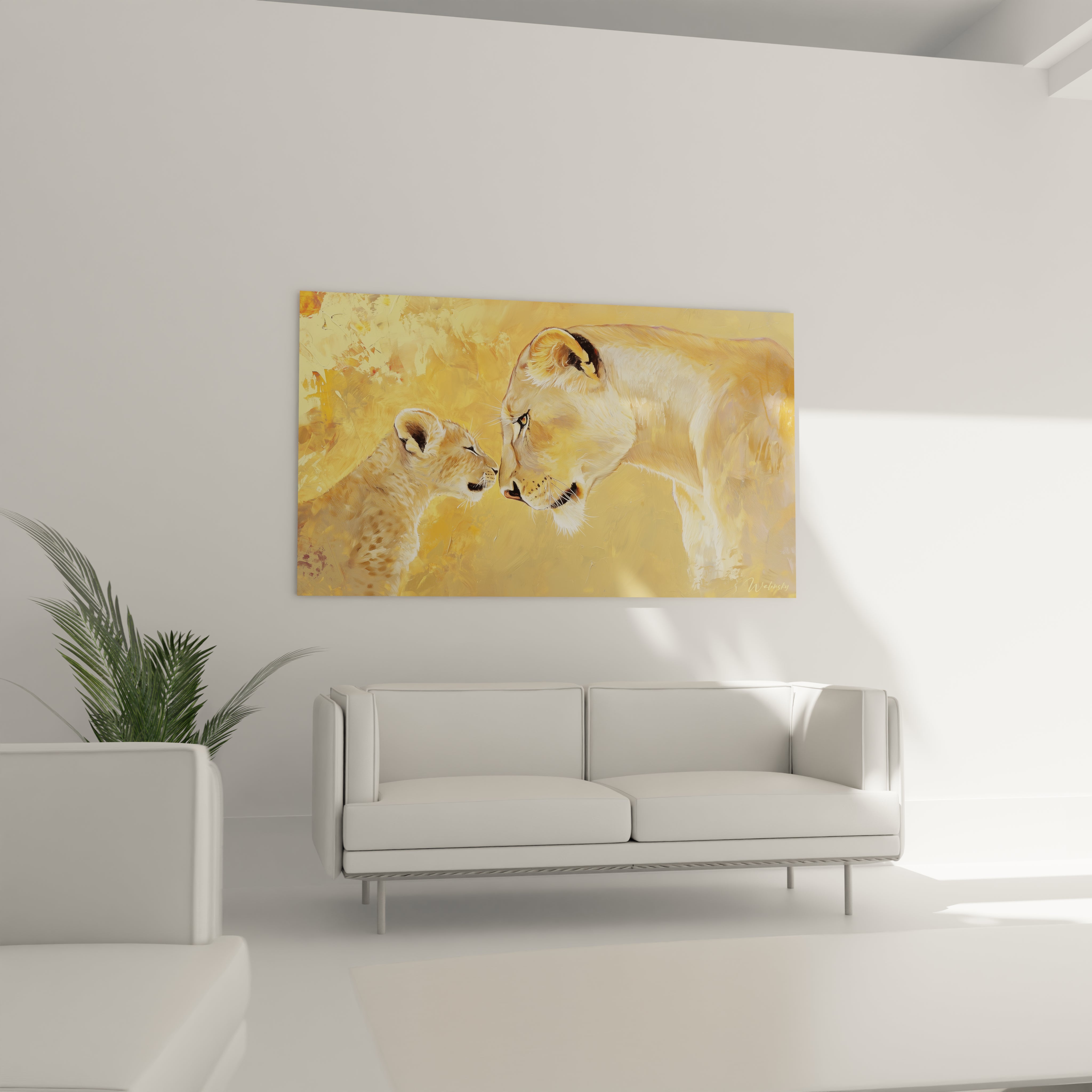 Tableau Walensky représentant une lionne et son lionceau en couleurs chaudes accroché au-dessus d'un canapé blanc dans un salon moderne