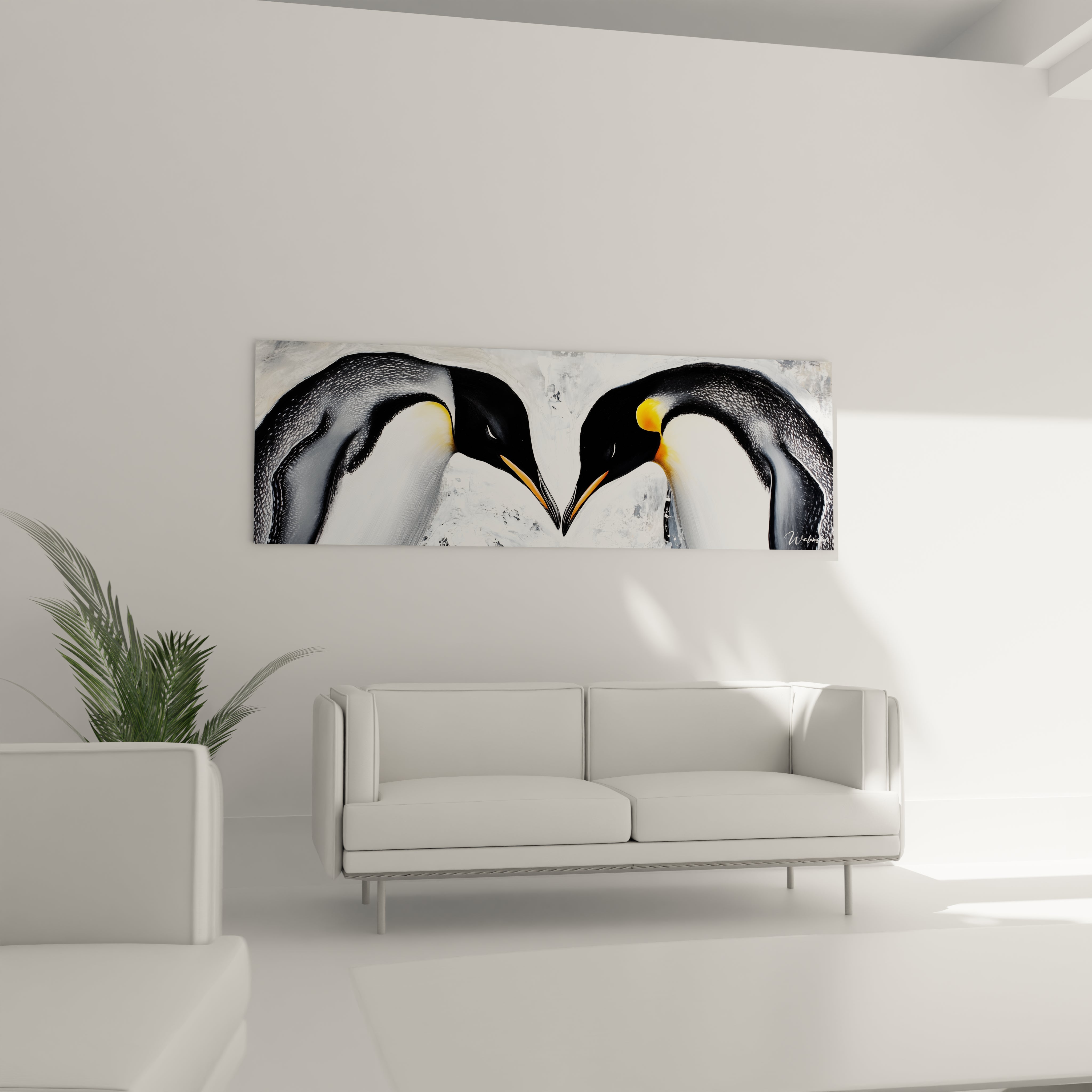 Tableau manchot Walensky représentant deux manchots royaux face à face dans un salon moderne blanc