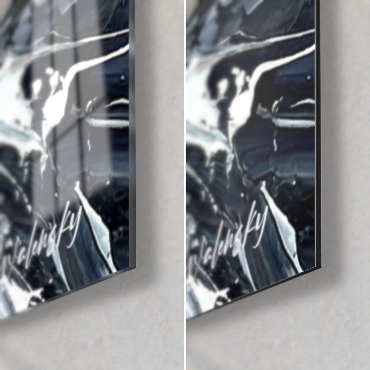 Wall art of a grey greyhound in an explosion of paint, bottom right corner: glossy acrylic glass on the left, matte Dibond on the right