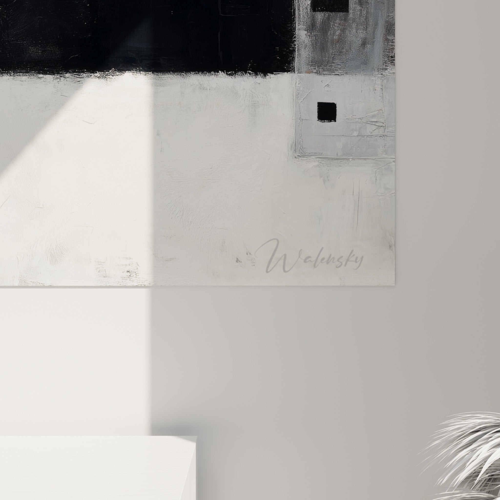 ambiance salon moderne tableau abstrait noir blanc gris feng shui ouest metal