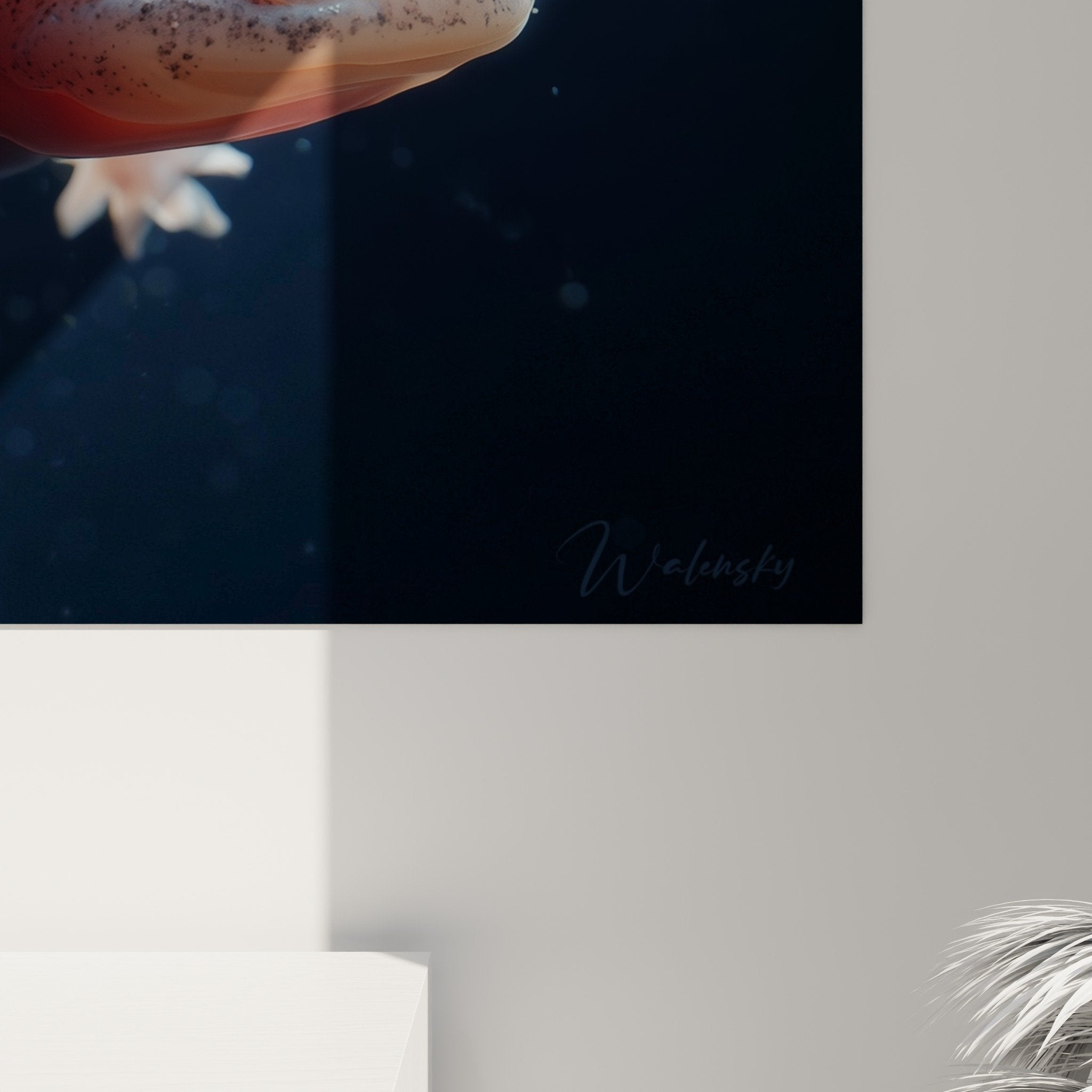 Vue ensemble tableau axolotl aquatique dans salon contemporain decoration murale originale
