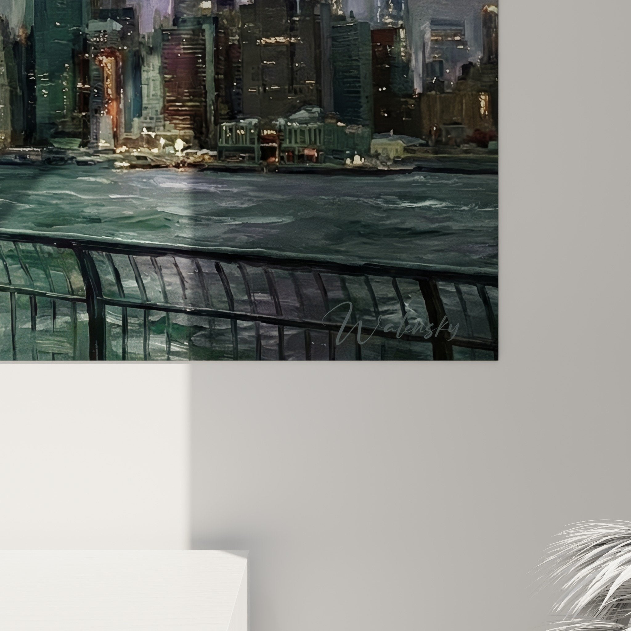 Vue ensemble tableau Brooklyn orage urbain dans salon moderne mur gris mobilier contemporain