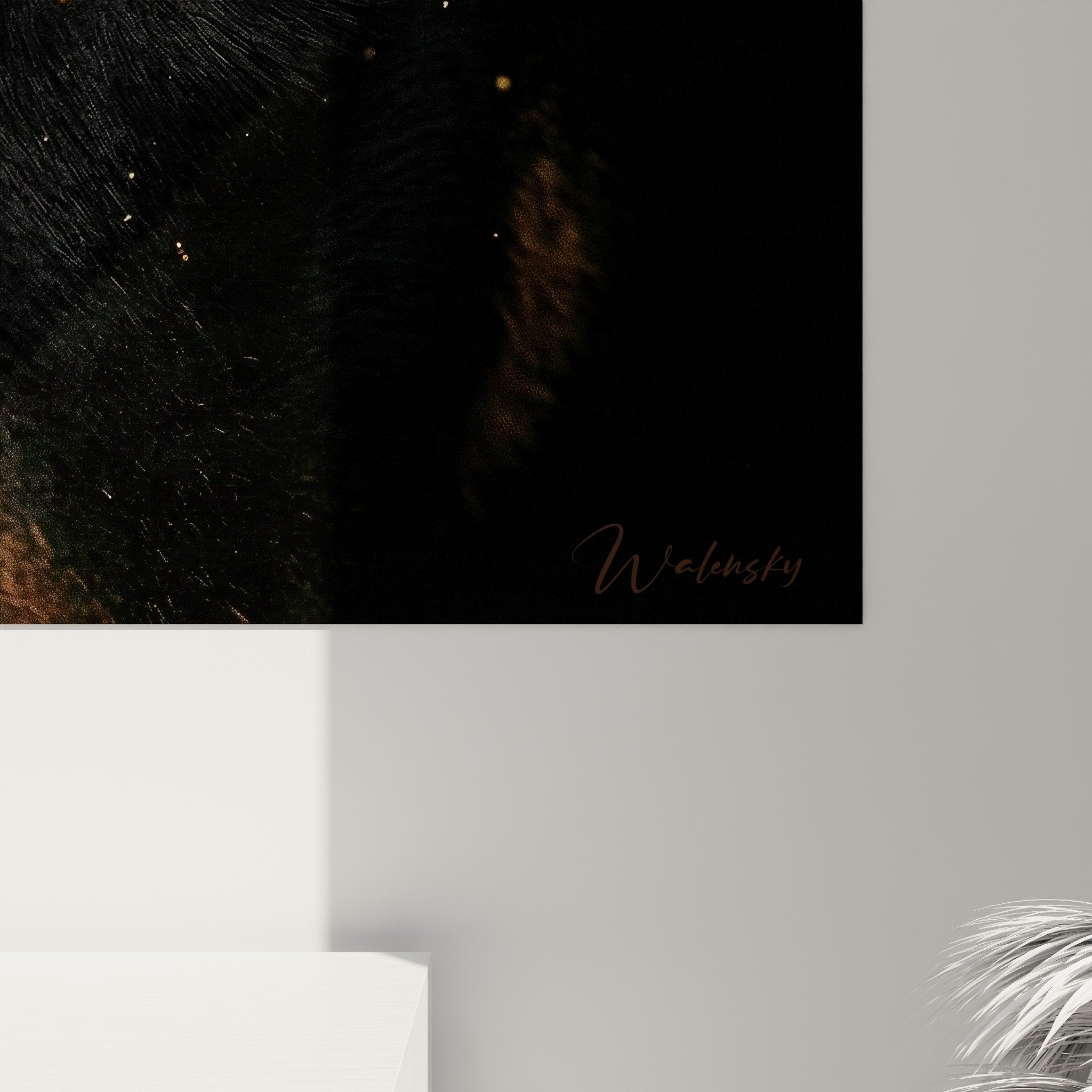 Vista d'insieme del quadro Beauceron in soggiorno contemporaneo, opera d'arte decorativa animale