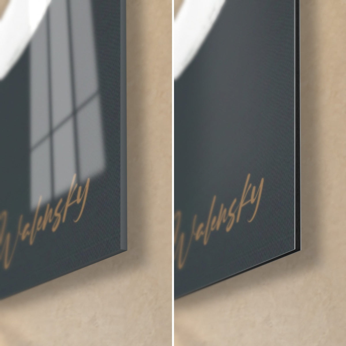 Wall art painted dog silhouette, bottom right corner: glossy acrylic glass on the left, matte Dibond on the right, golden Walensky signature