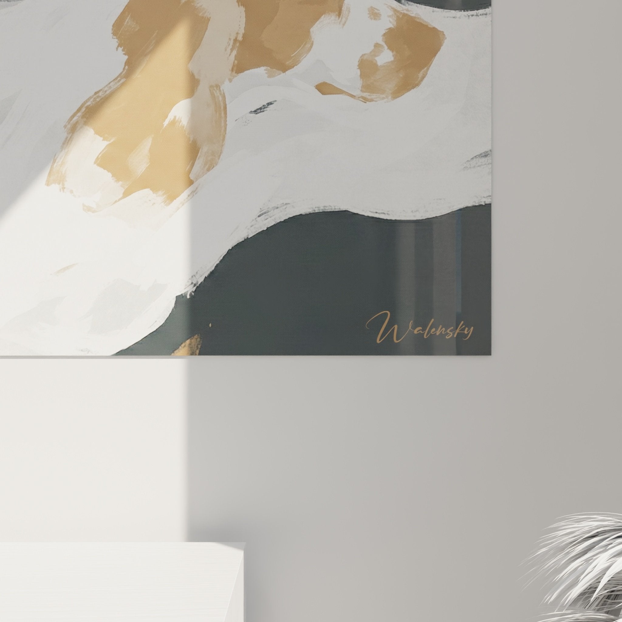 Vue d'ensemble salon moderne tableau panoramique Cocker Anglais abstrait décoration murale contemporaine tons neutres