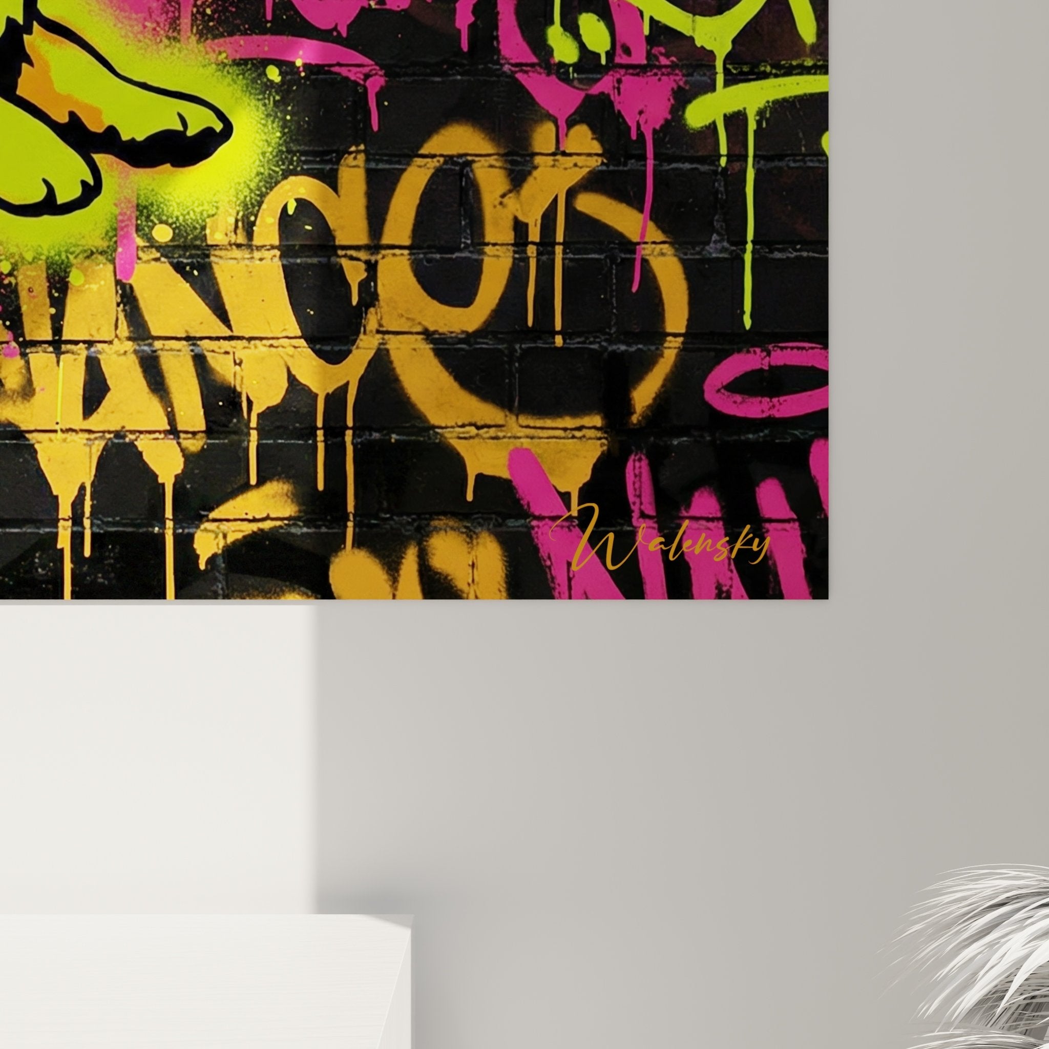 Contemporary living room overview with Corgi Pembroke street art canvas in neon colors wall decoration