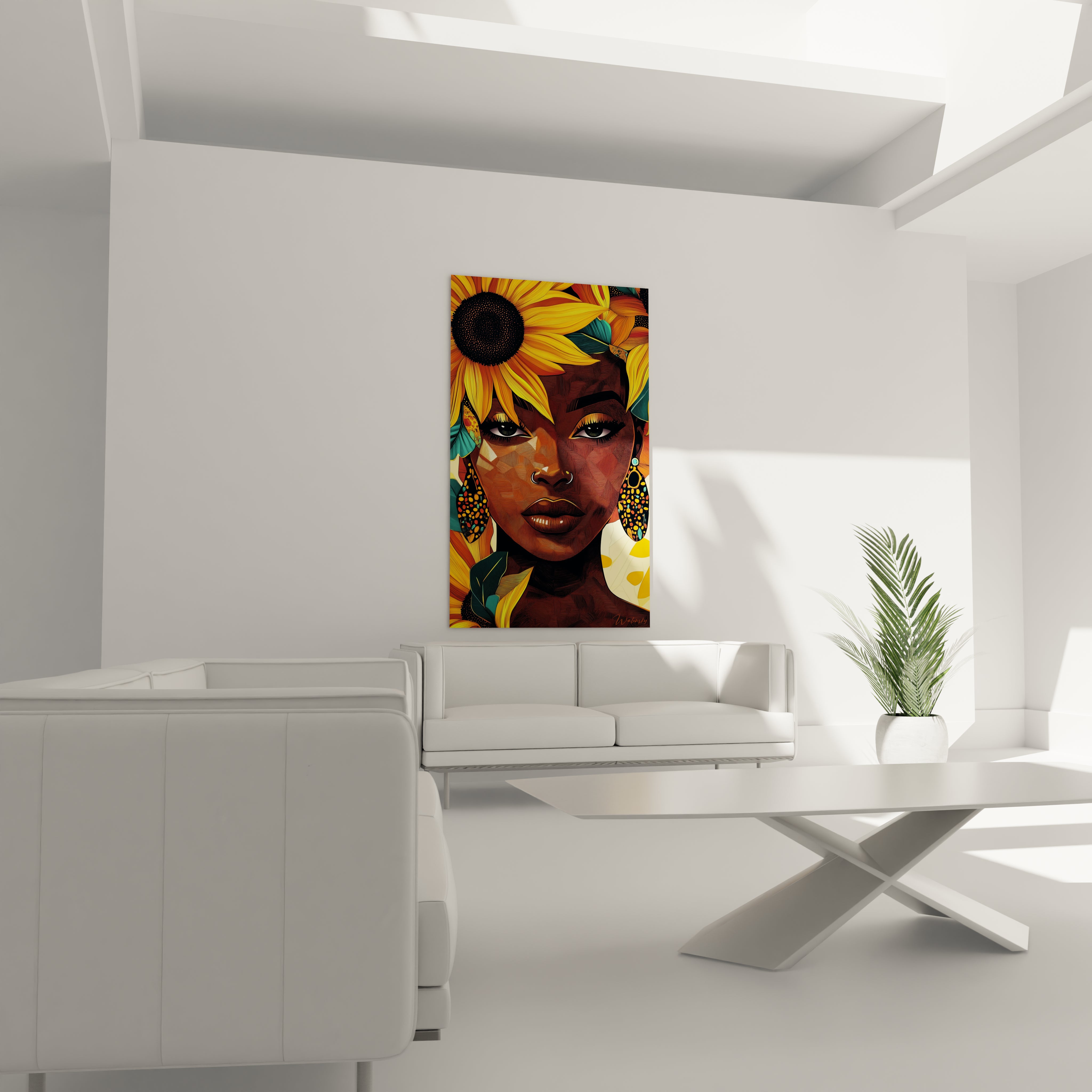 Tableau africain mural Walensky avec papillons bleus décoratifs dans un salon moderne blanc
