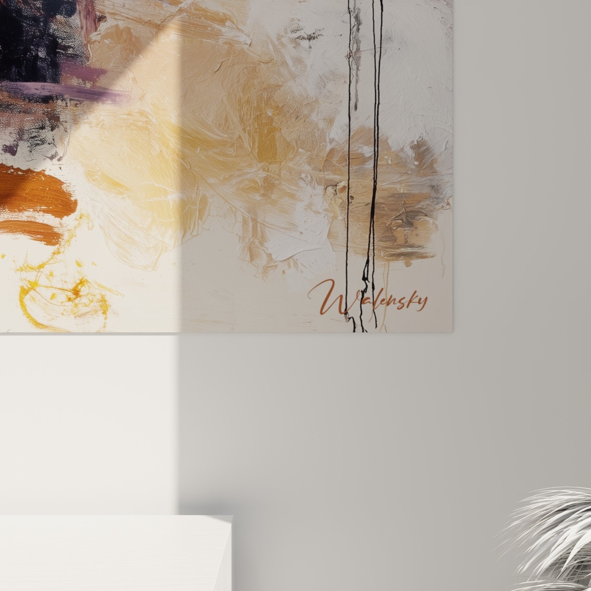 Vue ensemble tableau abstrait rose ocre dans salon contemporain - decoration feng shui