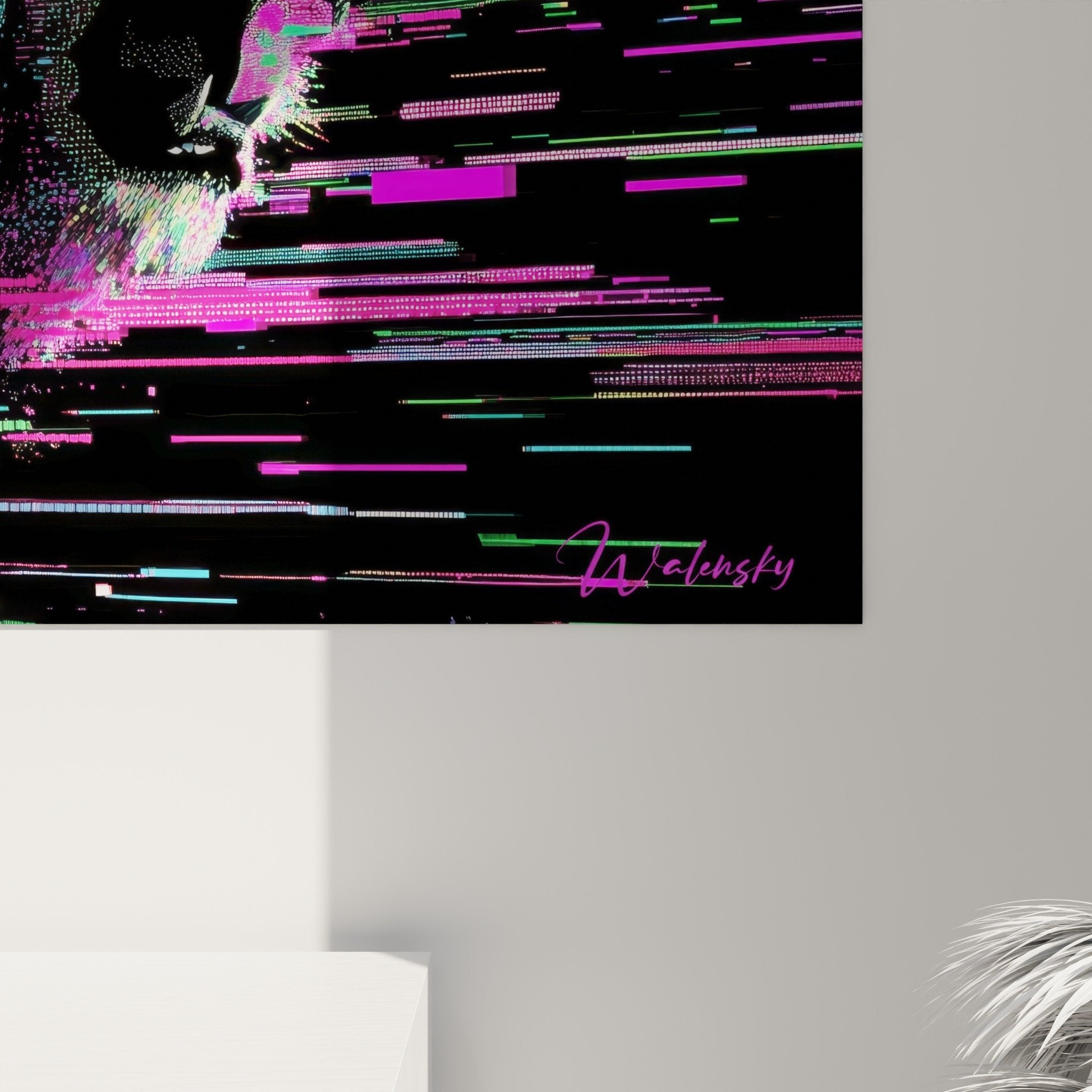 Vue ensemble salon contemporain tableau lion digital multicolore decoration murale moderne