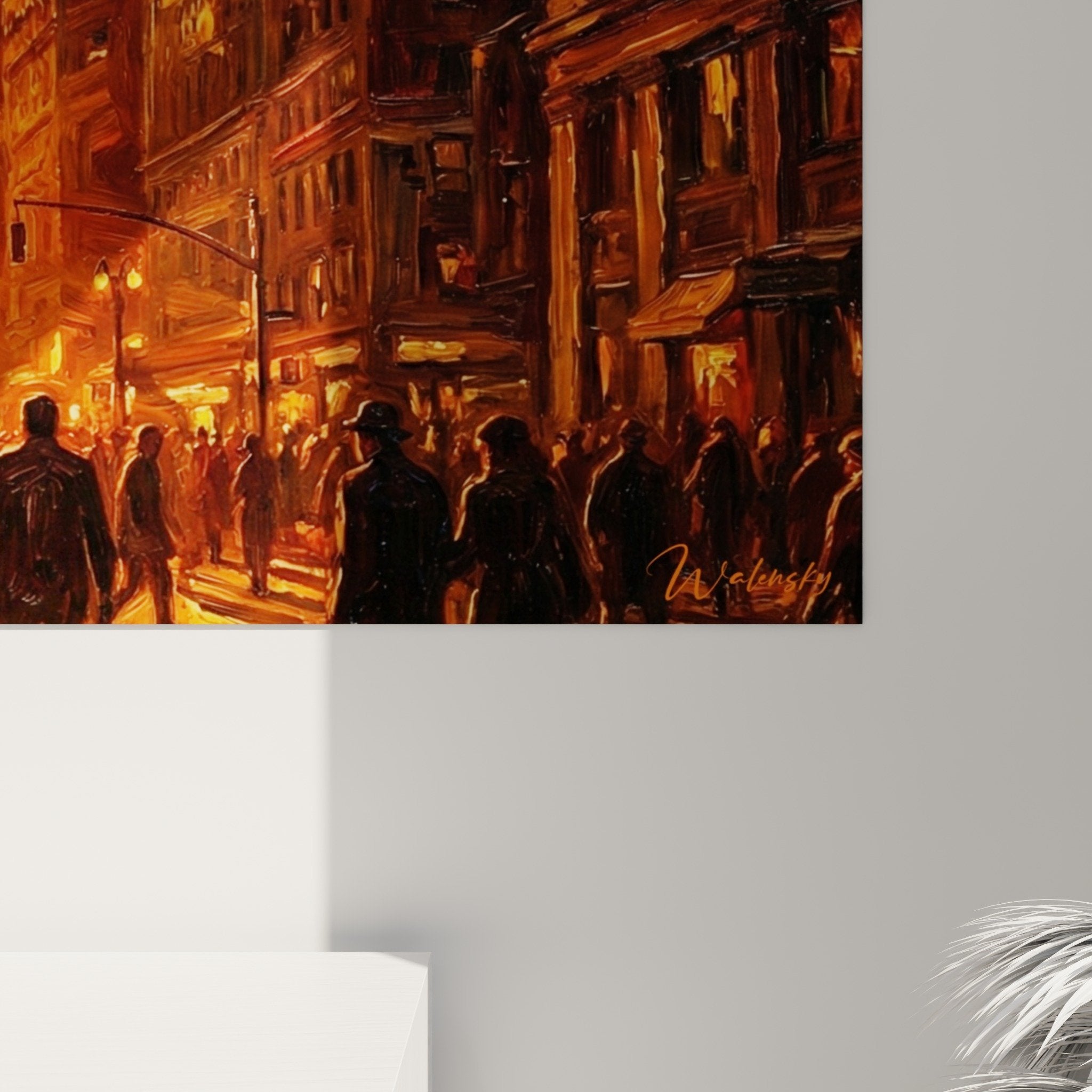 Mise en situation tableau Manhattan rue dorée salon moderne décoration murale urbaine tons chauds