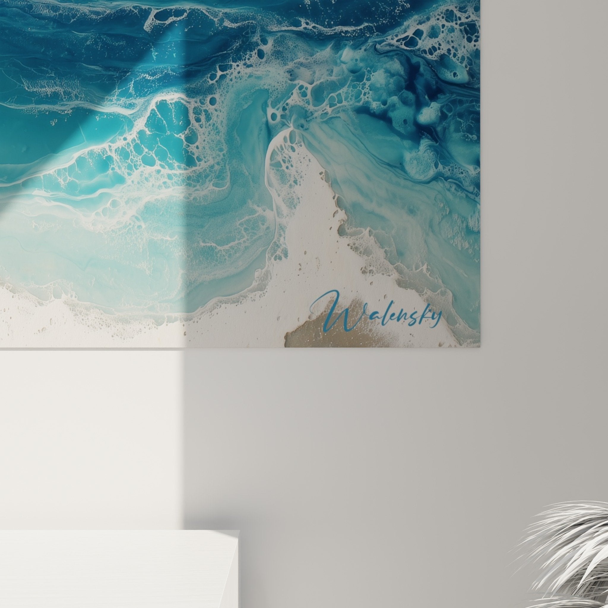 Modern living room overview with abstract turquoise oceanic marble canvas zen wall decor